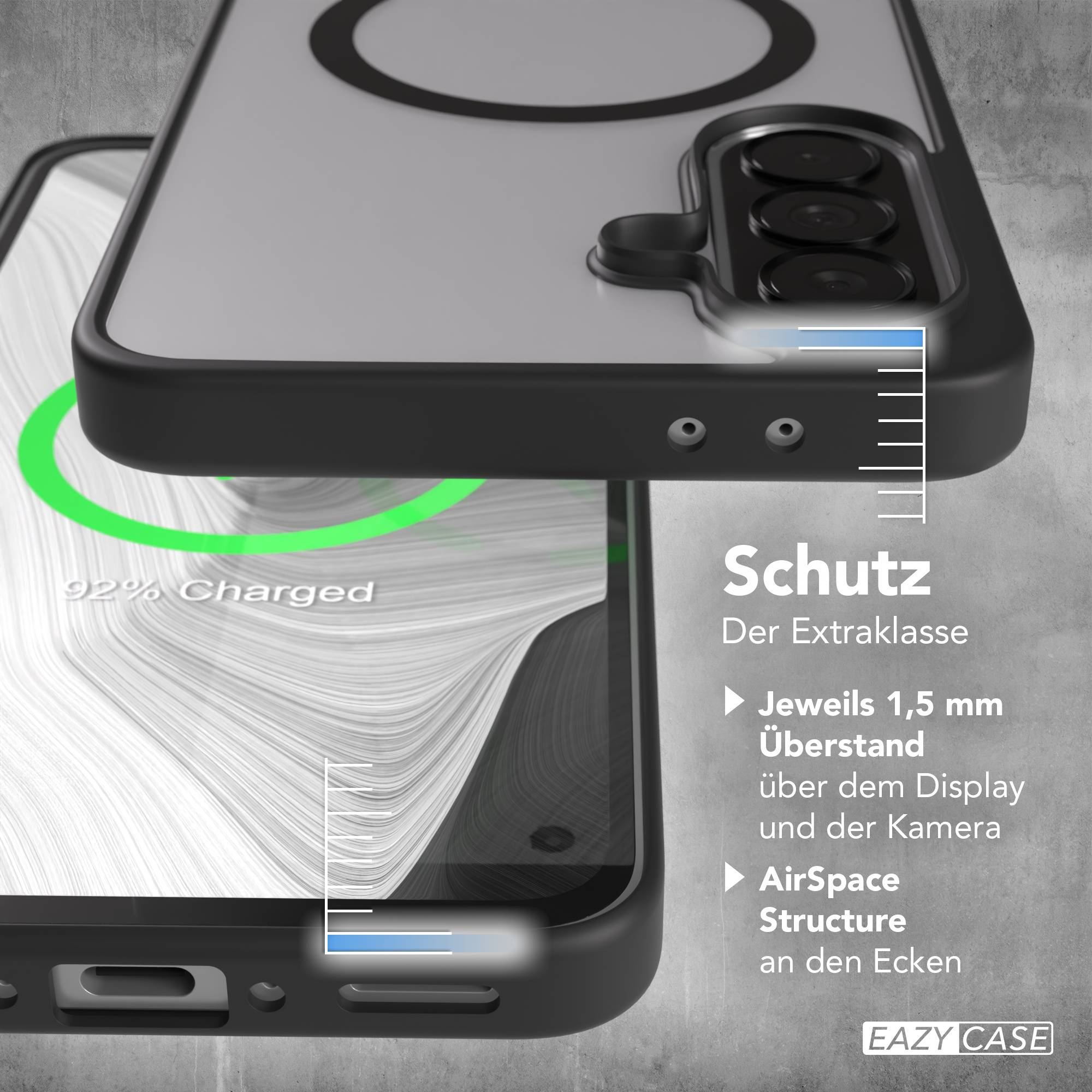 Ein schwarzes Handycase schützt ein Smartphone mit 92% Akkuladung.