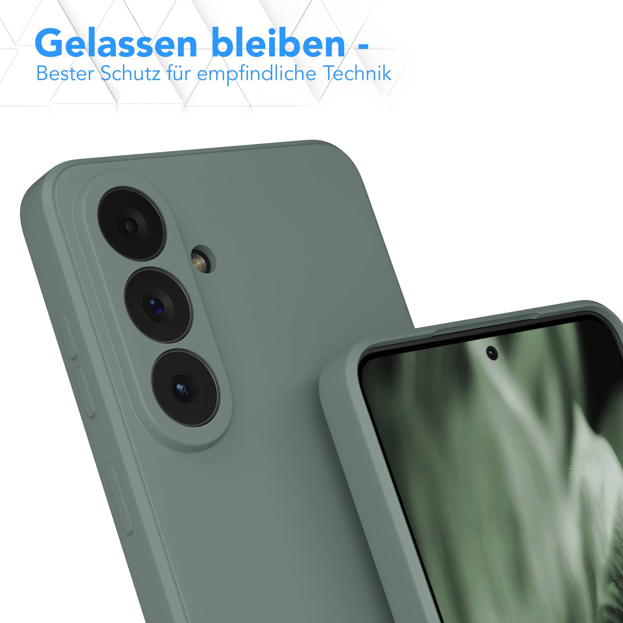 Grüne Handyhülle mit drei Kameras und einem Display. Text: Gelassen bleiben.