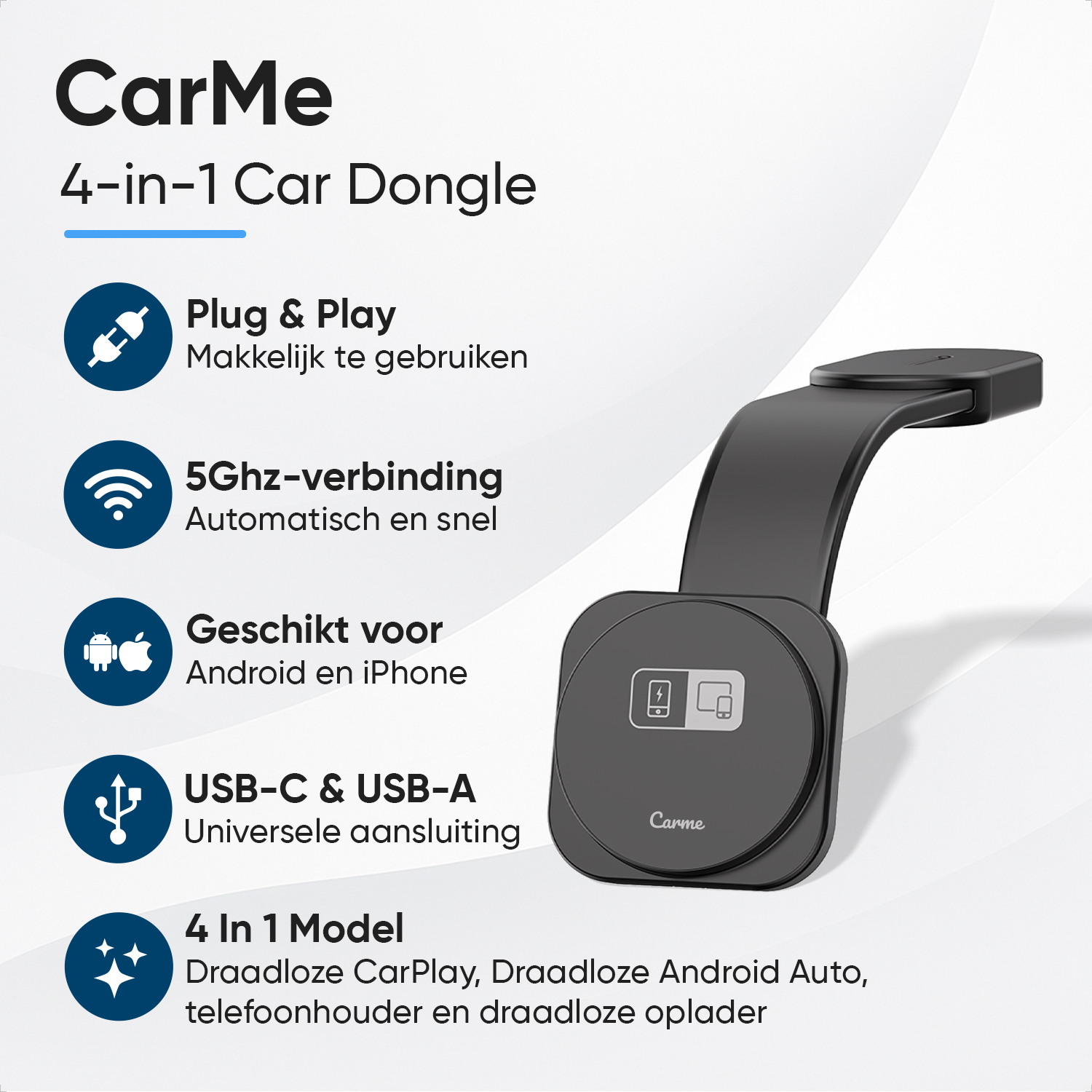 CarMe 4-in-1 Car Dongle: Plug & Play, 5GHz, for Android/iPhone, USB-C/A.