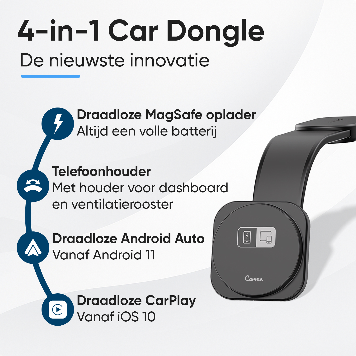 A black 4-in-1 car dongle with features like MagSafe charger, phone holder, Android Auto & CarPlay.