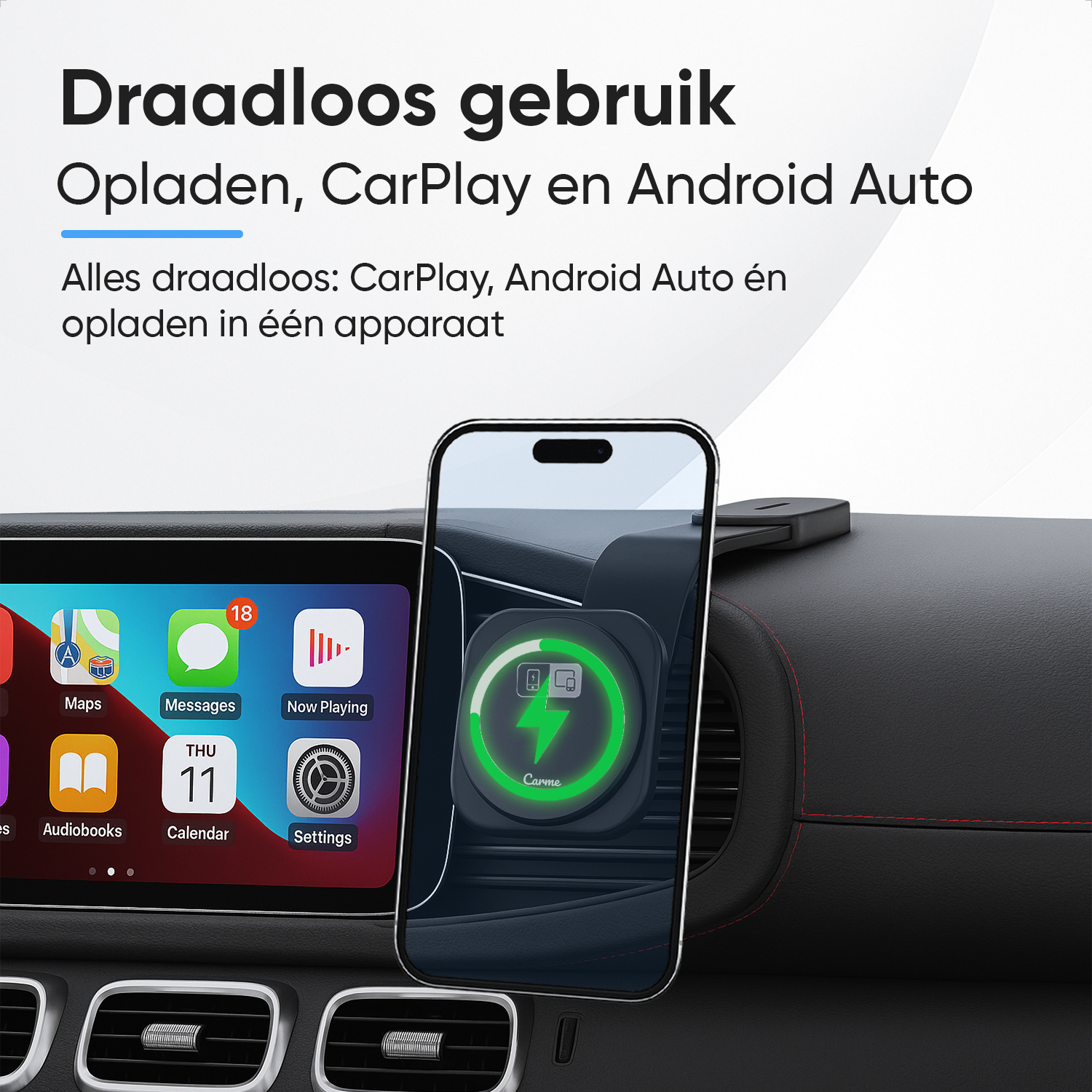 A smartphone is wirelessly charging on a car mount. The infotainment system is visible.