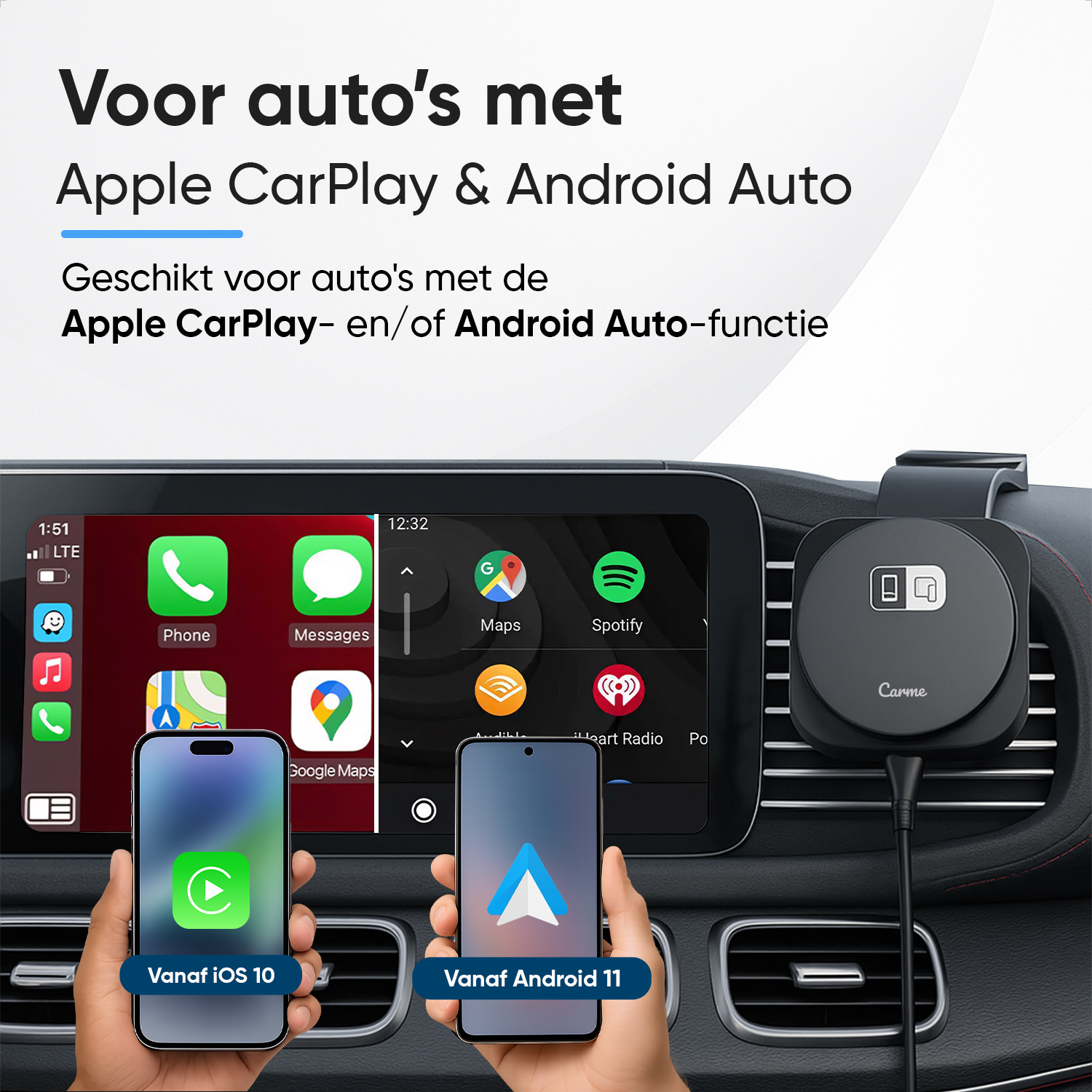 Car dashboard with phones showing Apple CarPlay and Android Auto interfaces.