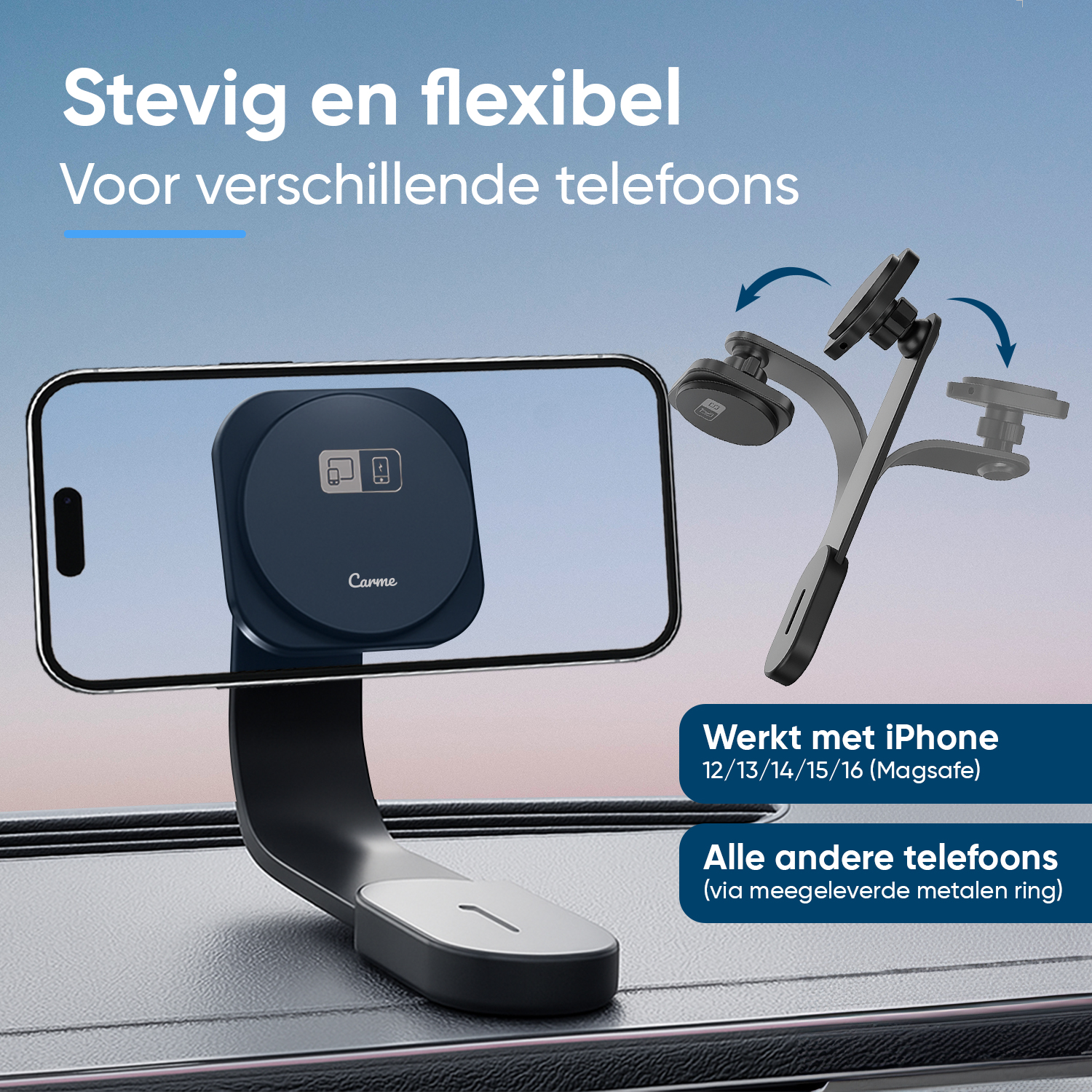 A sturdy, flexible phone holder for various phones, with MagSafe for iPhones.
