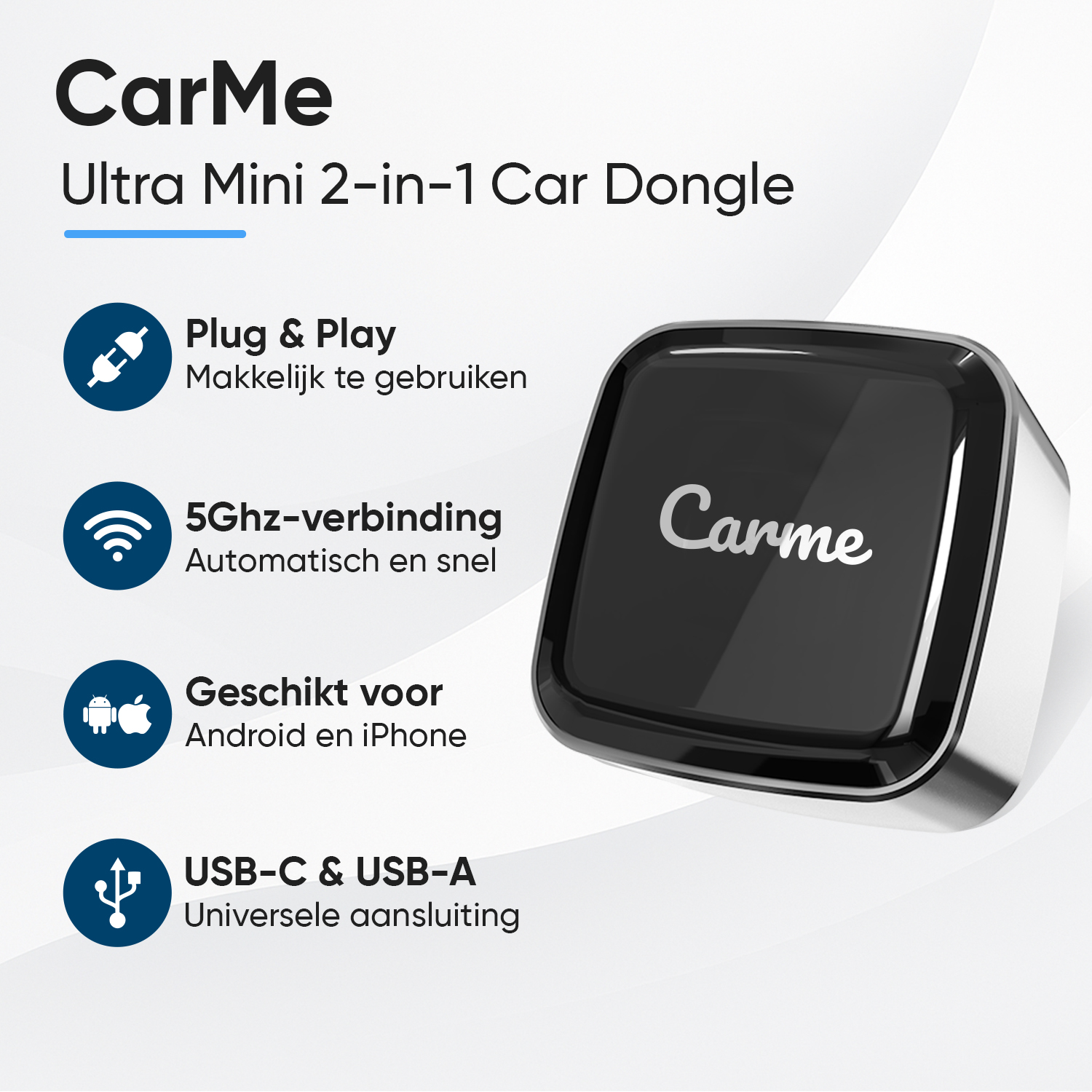 CarMe Ultra Mini 2-in-1 Car Dongle: Plug & Play, 5Ghz, Android/iPhone, USB-C/A.