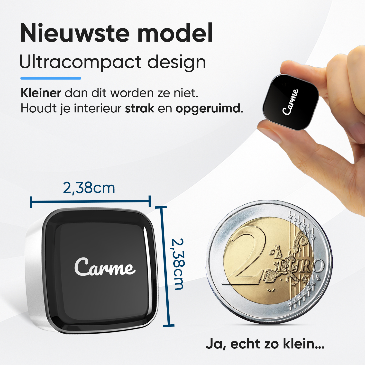 A tiny black Carme device is shown next to a 2 Euro coin.