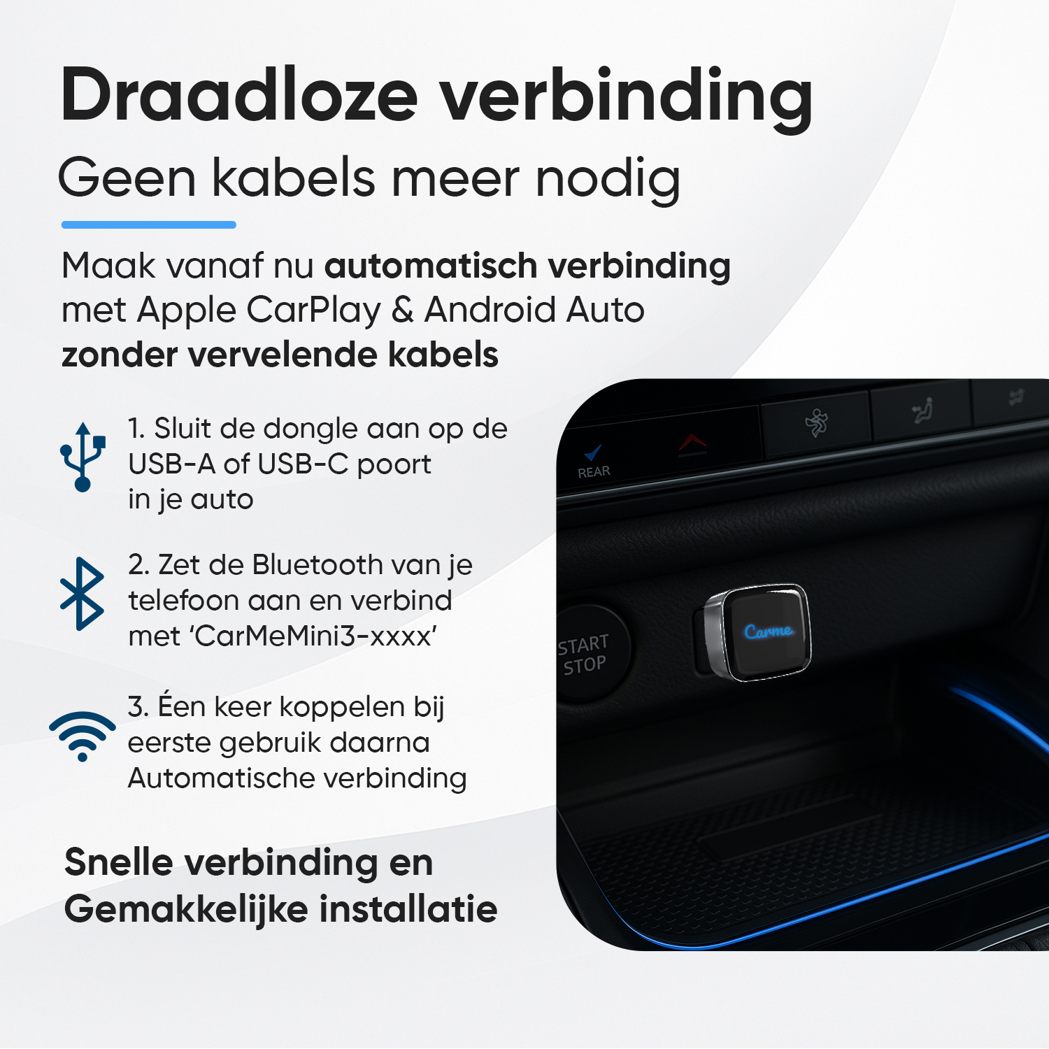 A dongle plugs into a car's USB port to wirelessly connect Apple CarPlay/Android Auto.