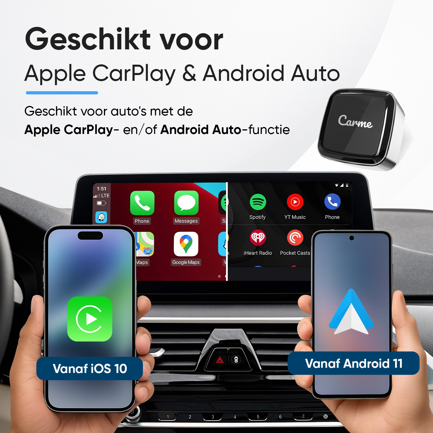 Two hands hold smartphones in front of a car display showing CarPlay.