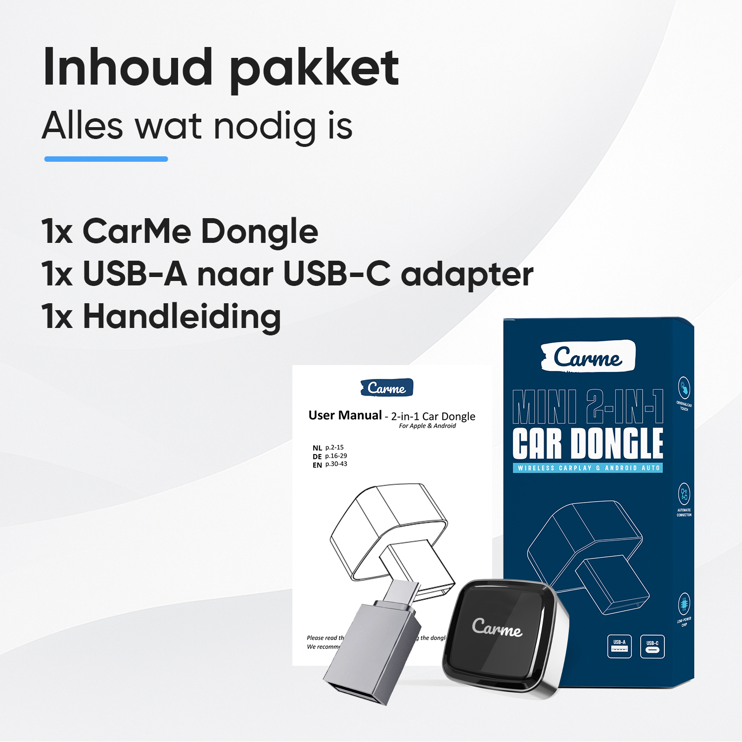 CarMe 2-in-1 Car Dongle with USB-A to USB-C adapter and manual.
