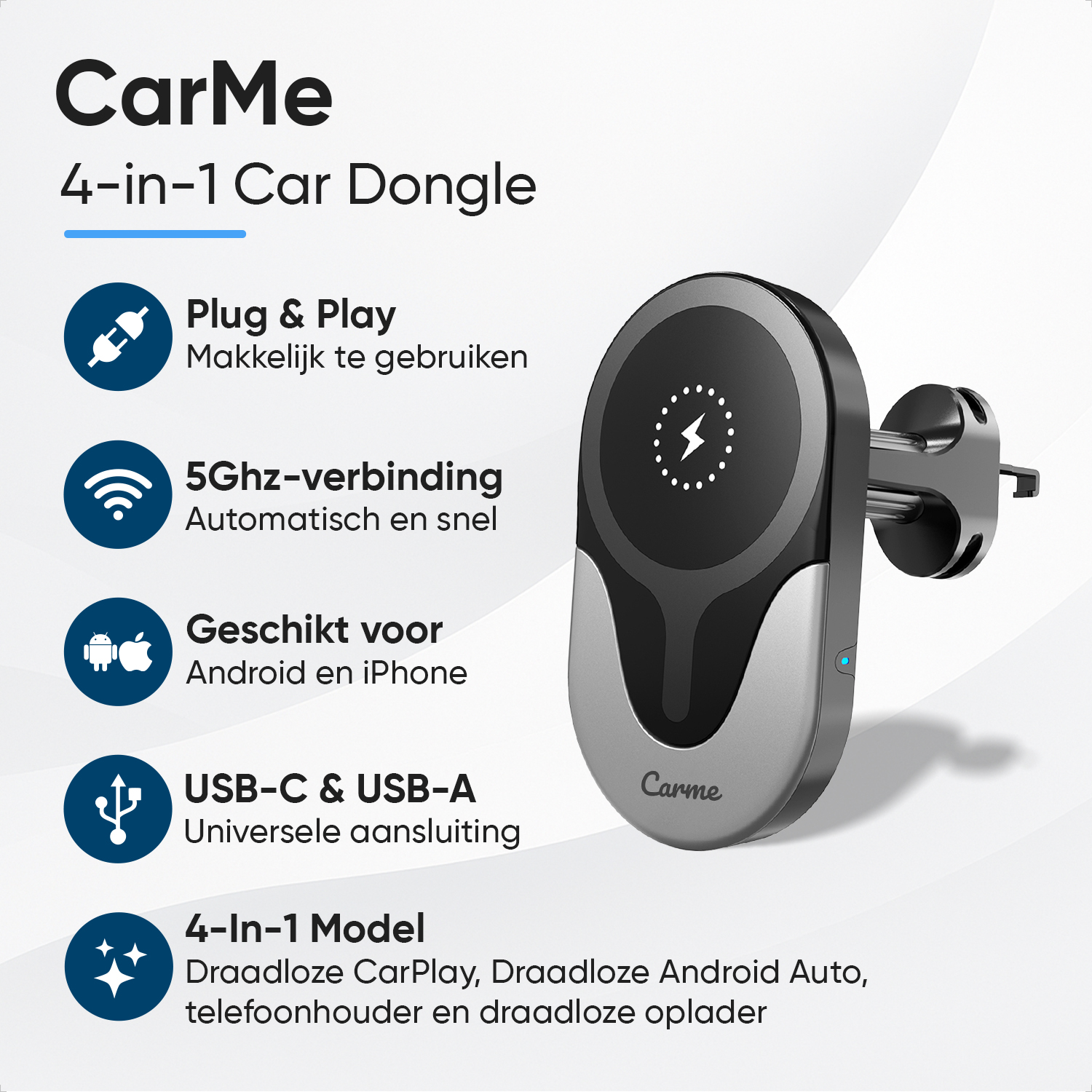 CarMe 4-in-1 Car Dongle: Plug & Play, 5Ghz, for Android/iPhone, USB-C/A.
