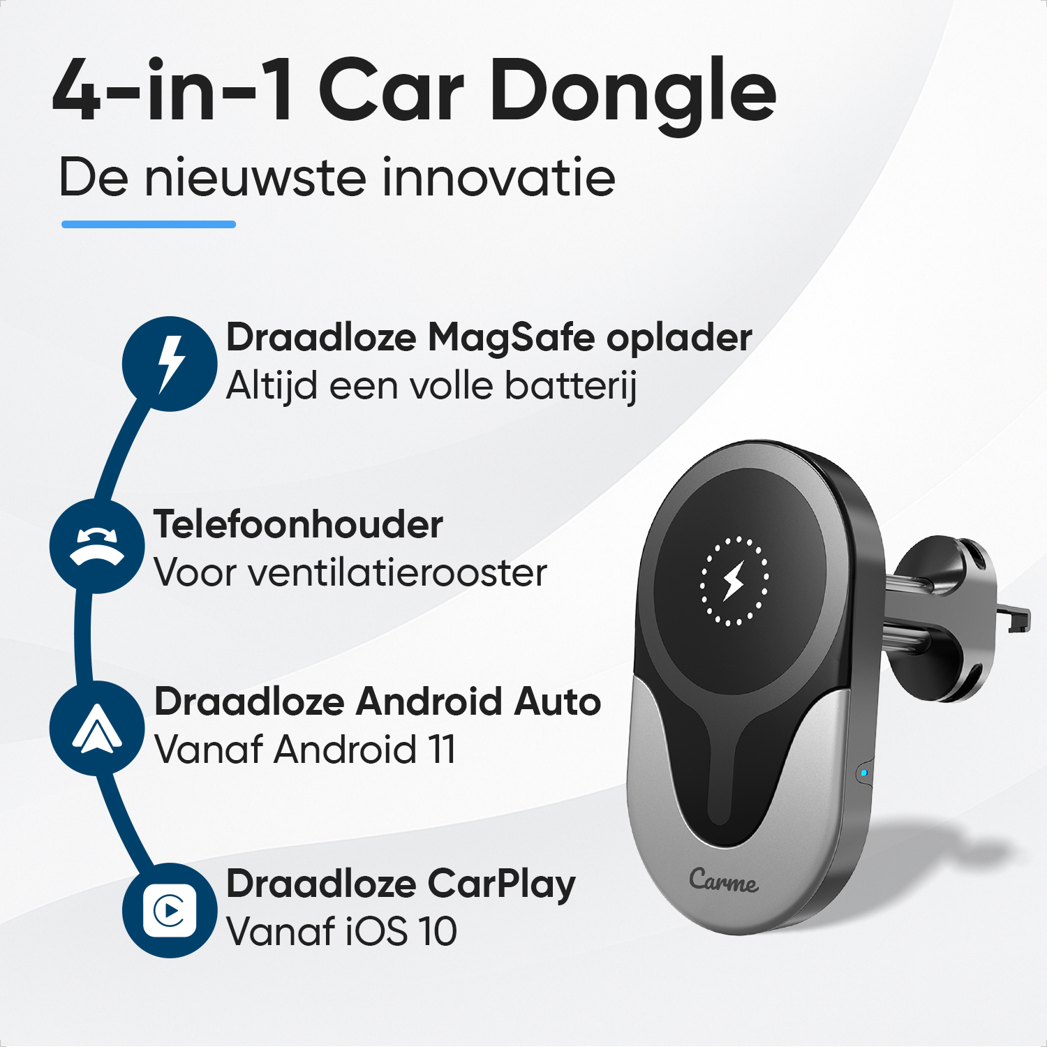 4-in-1 Car Dongle: wireless charging, phone holder, Android Auto, CarPlay.