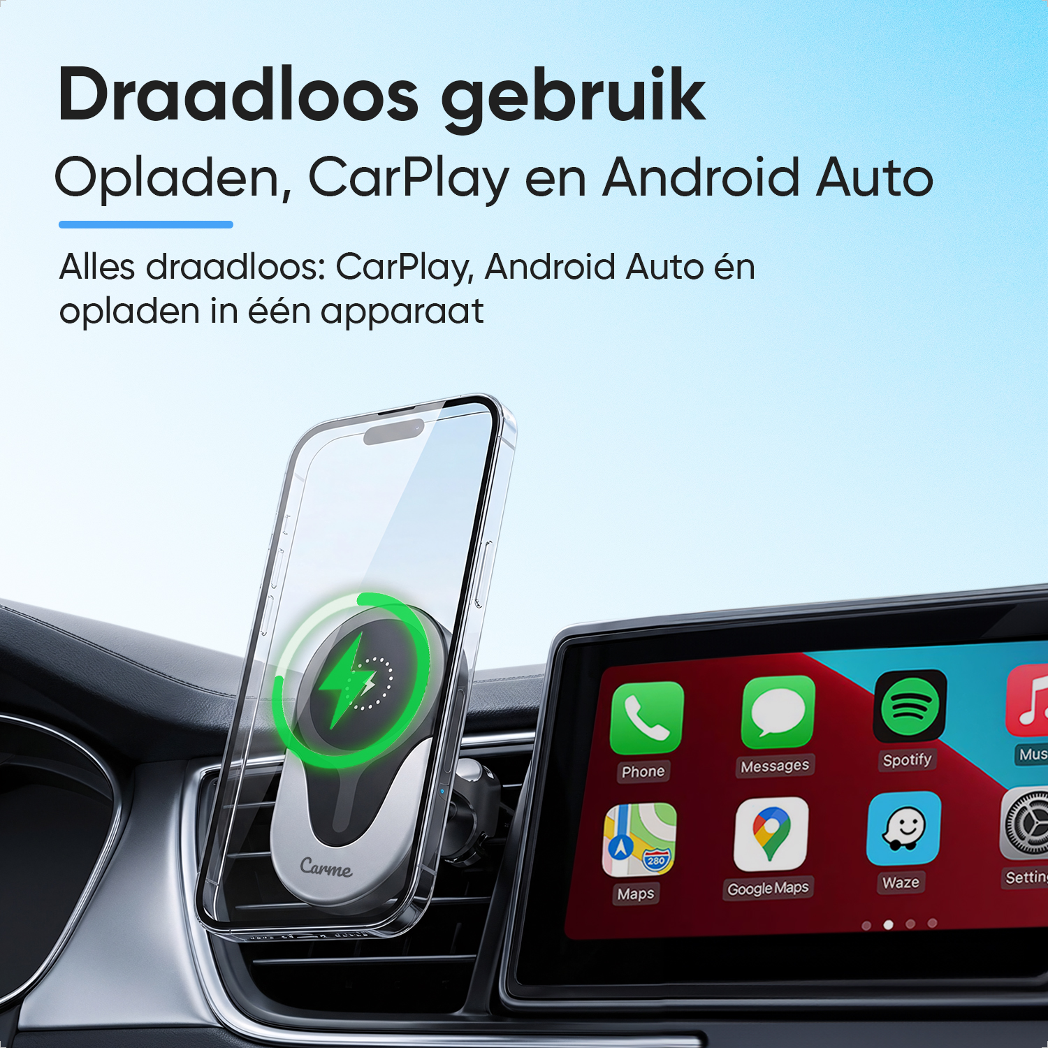 Phone wirelessly charging in car mount, displaying CarPlay/Android Auto on screen.