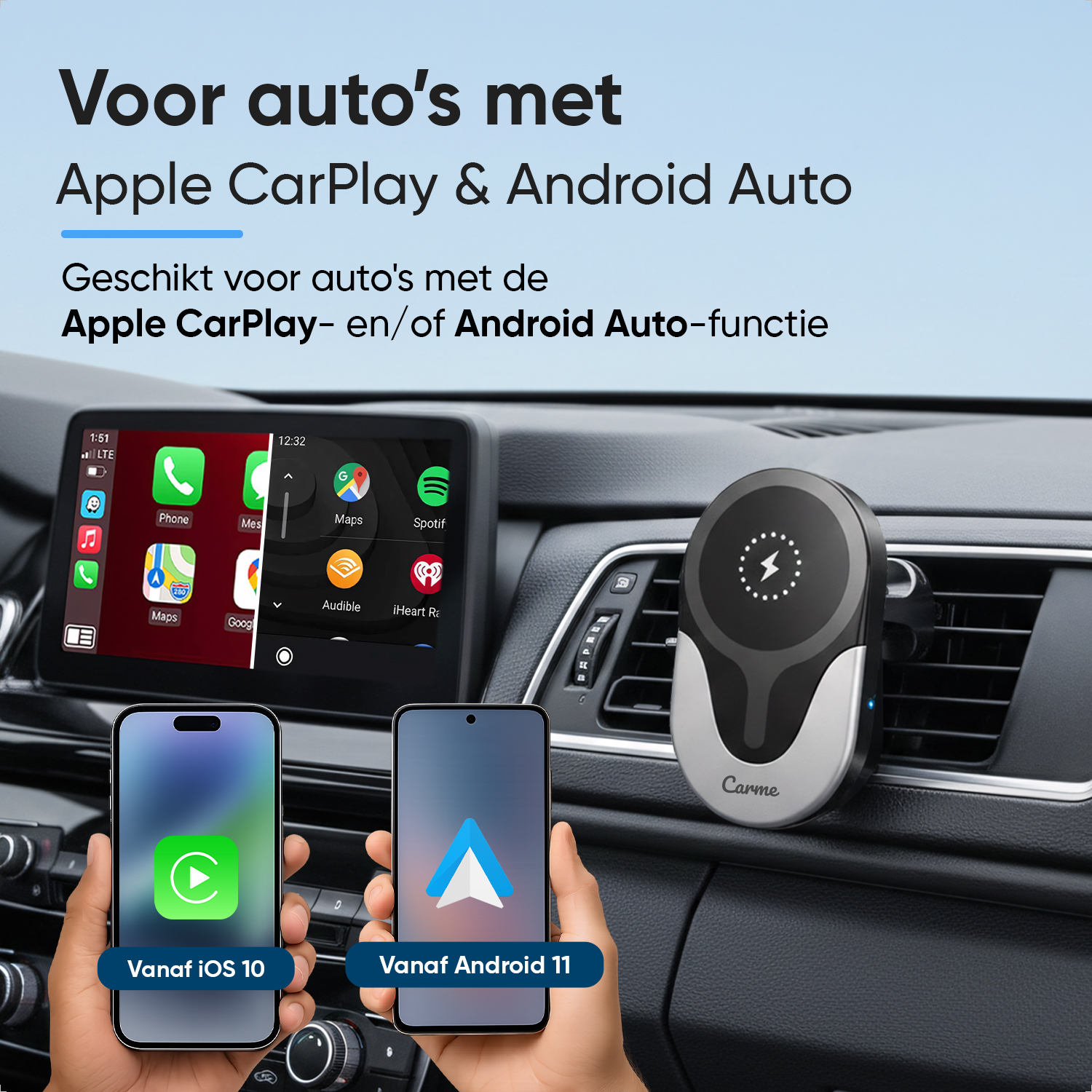 Car interior showing phone screens with Apple CarPlay and Android Auto apps, and a Carme phone mount.