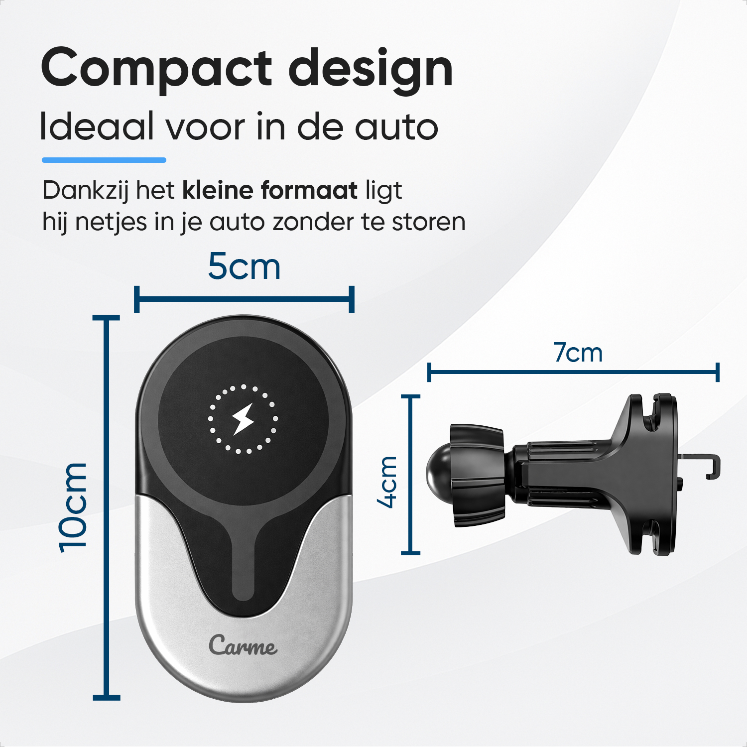 A compact car phone holder, 10x5cm, with a 7x4cm vent clip.