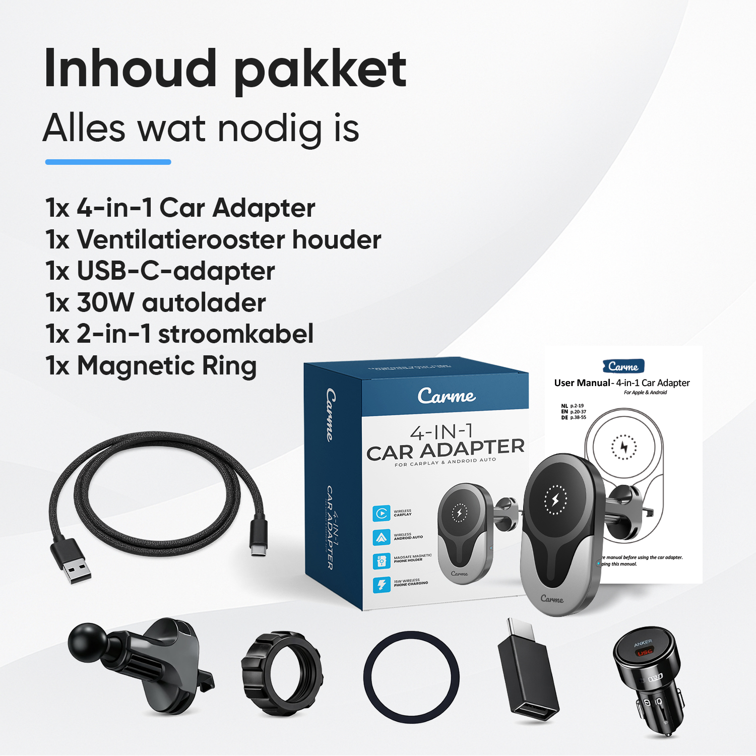 Package contents: 4-in-1 car adapter, vent mount, USB-C, 30W charger, cable, ring.