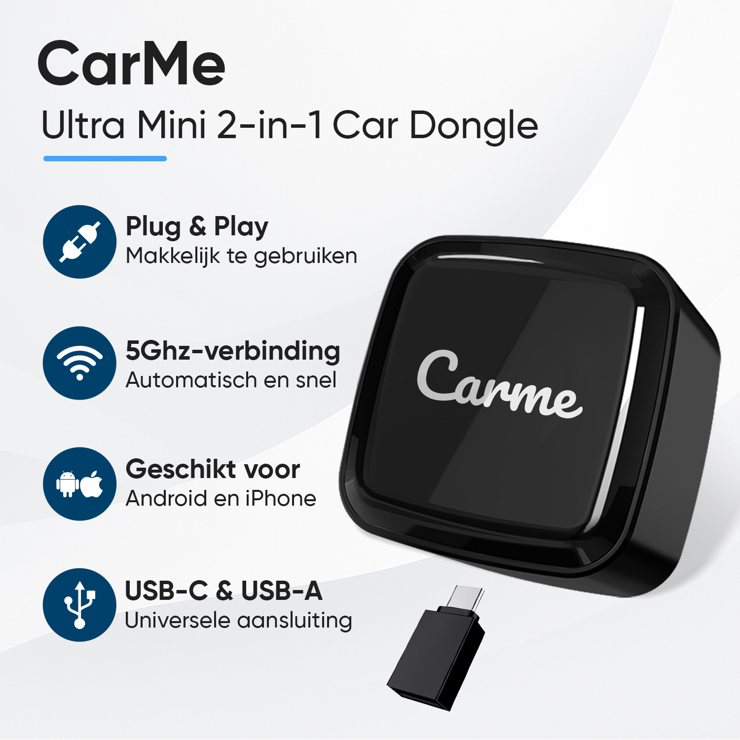 CarMe Ultra Mini 2-in-1 Car Dongle with USB-C/USB-A, Plug & Play.