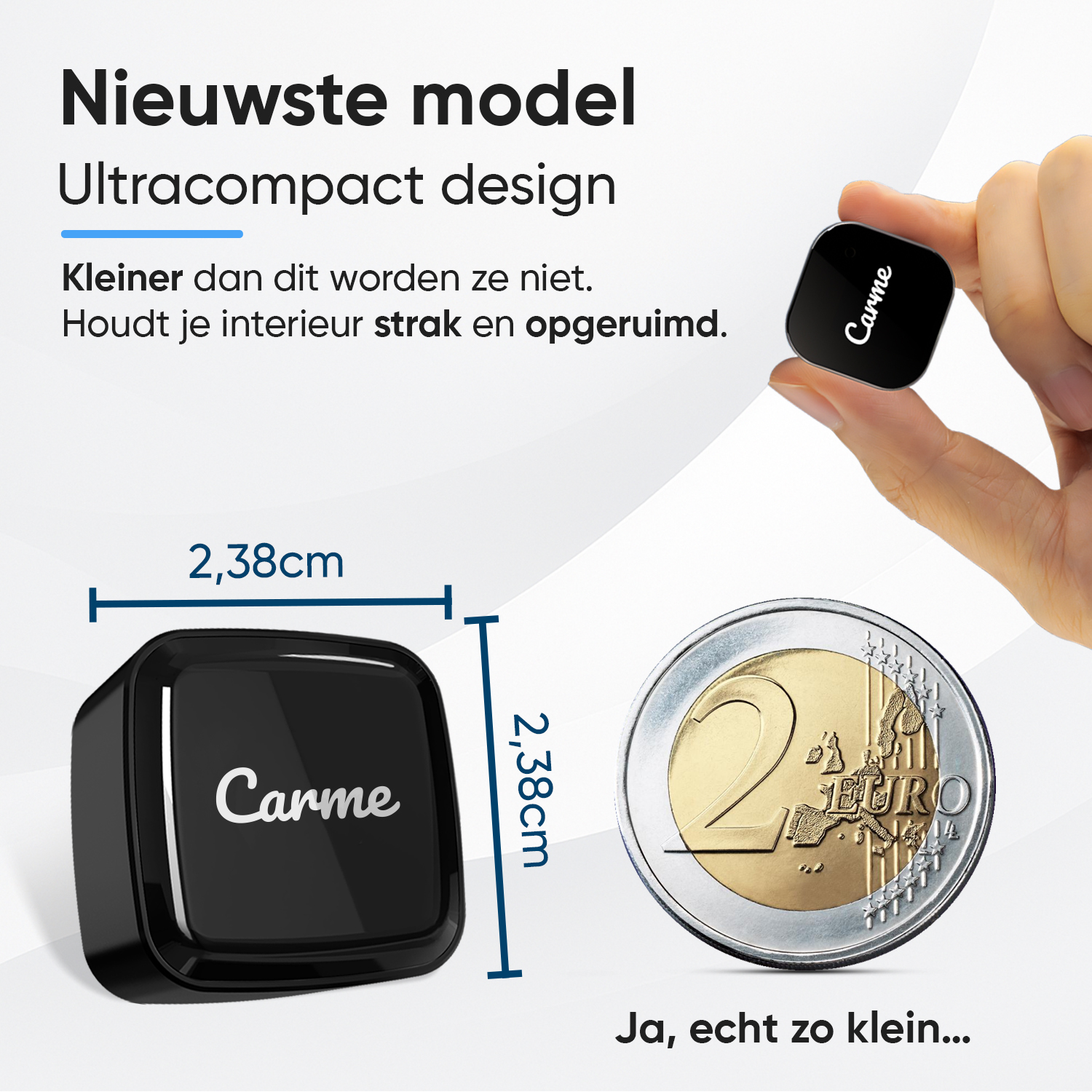 A tiny black object next to a 2 Euro coin, measuring 2.38cm.