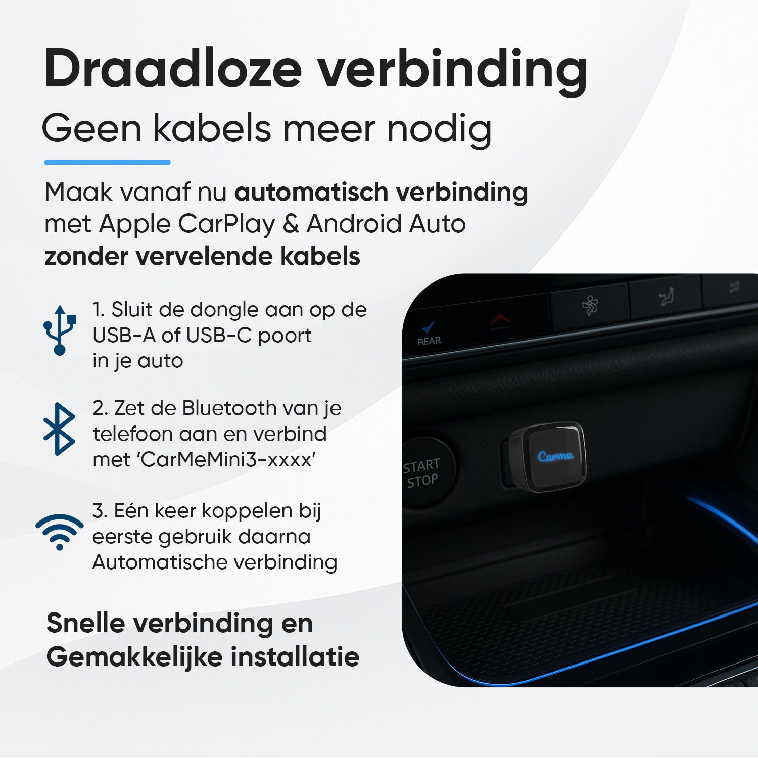 A wireless car adapter with blue light, plugged into a USB port.