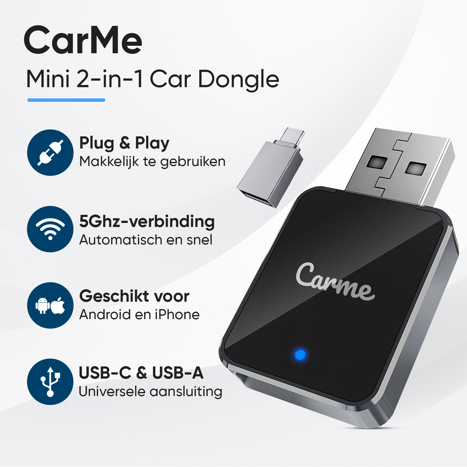 A black CarMe 2-in-1 car dongle with USB-A connector and blue LED.