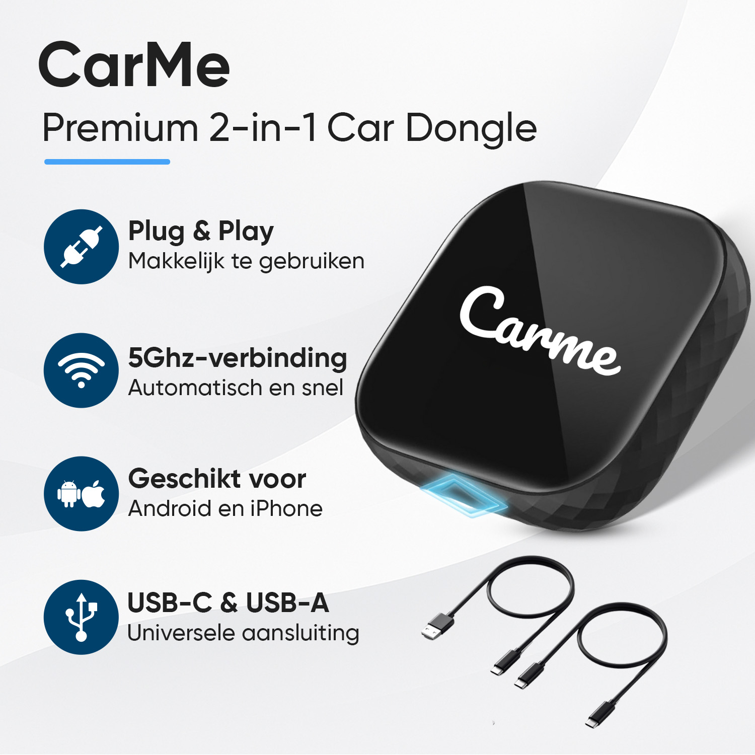 Black CarMe 2-in-1 dongle with text: Plug & Play, 5Ghz, Android/iPhone, USB-C/A.