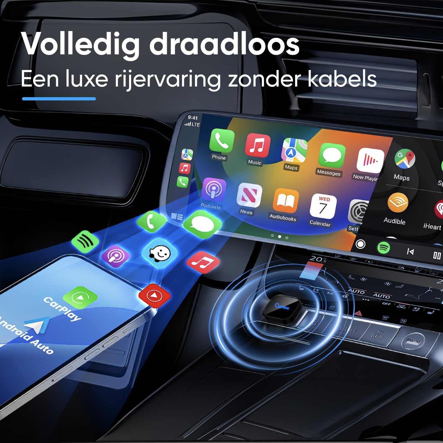 A smartphone with apps connects wirelessly to the car's infotainment system.