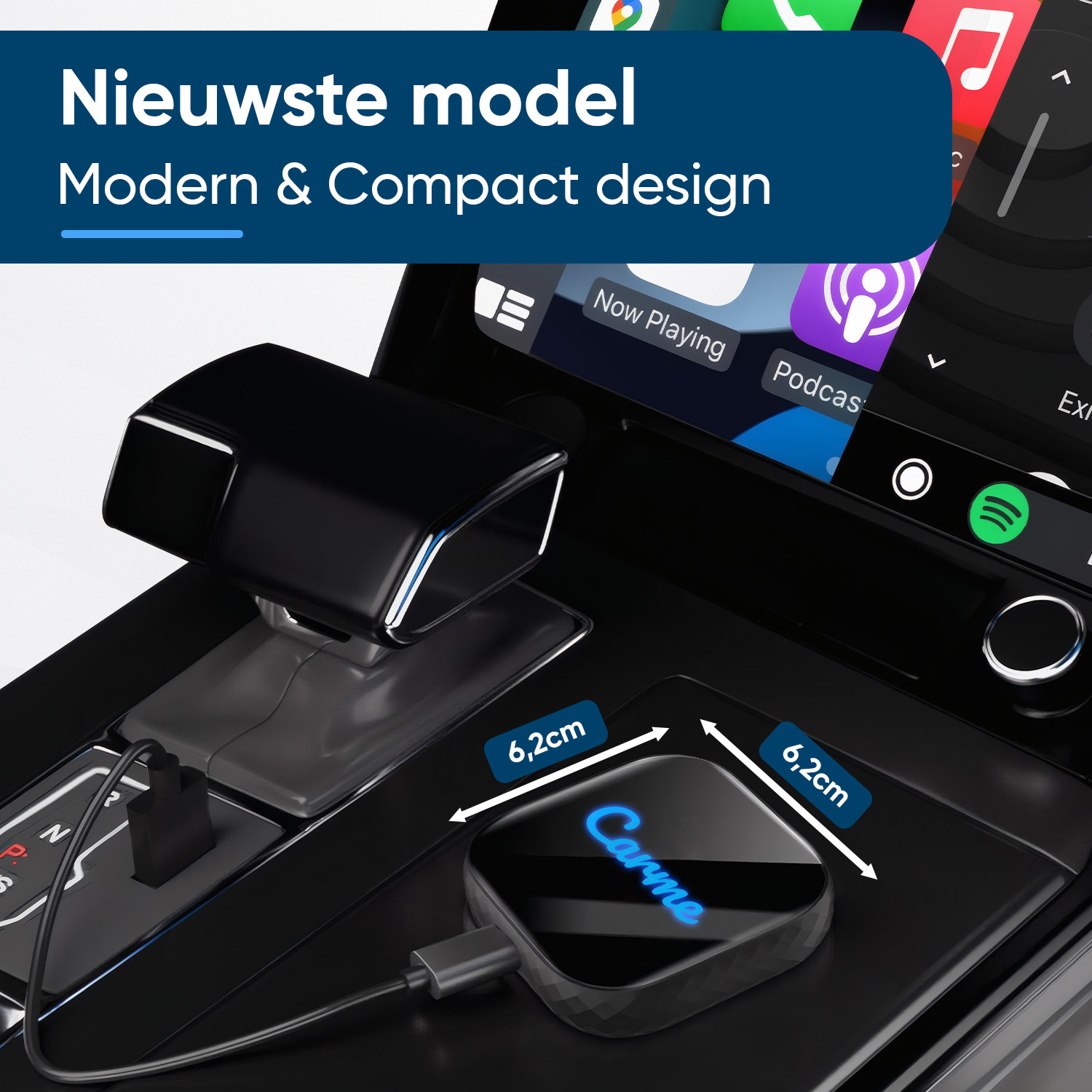 Latest model: Compact design, with Carme device and charging cable in car.