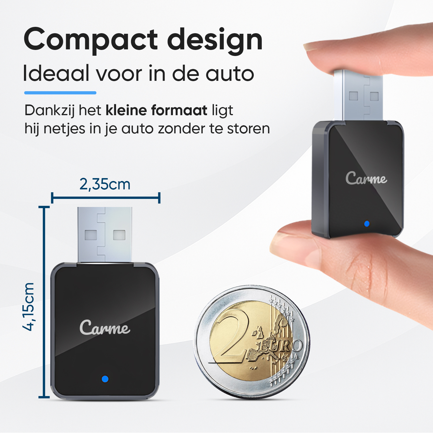A black Carme USB device is small, next to a 2 Euro coin.