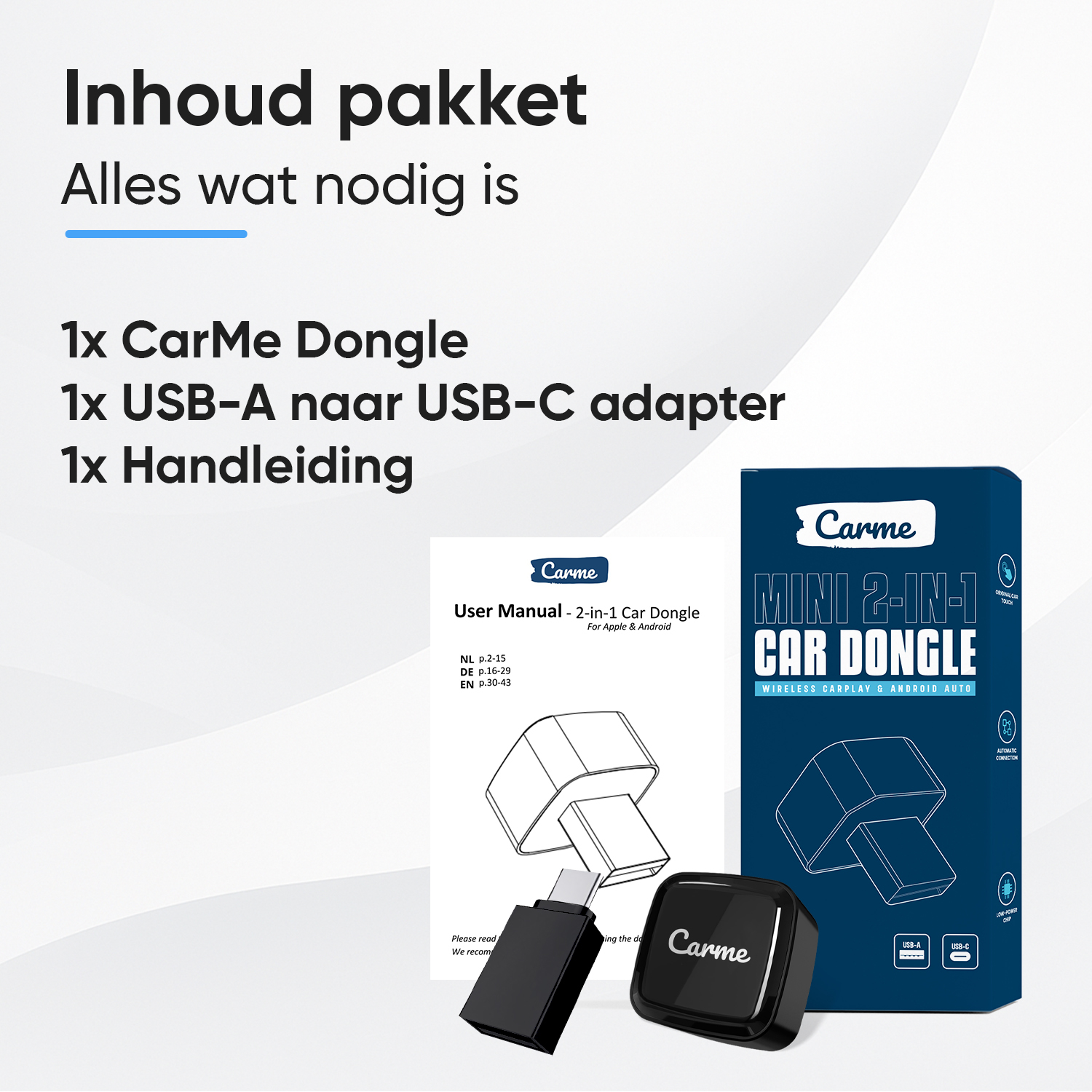 Package contents: 1x CarMe Dongle, 1x USB-A to USB-C adapter, 1x Manual.