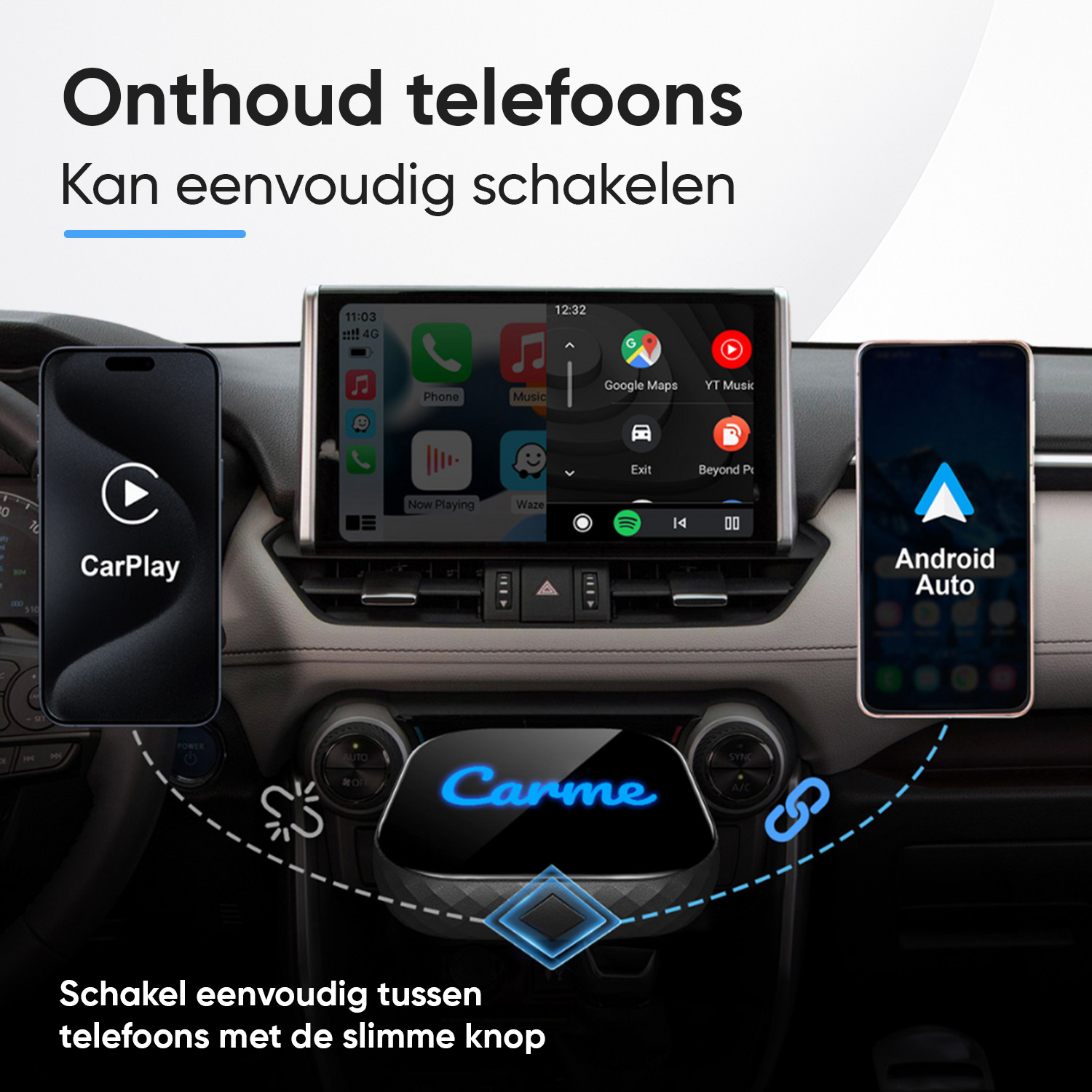 Car interior showing two phones, one displaying CarPlay and the other Android Auto.