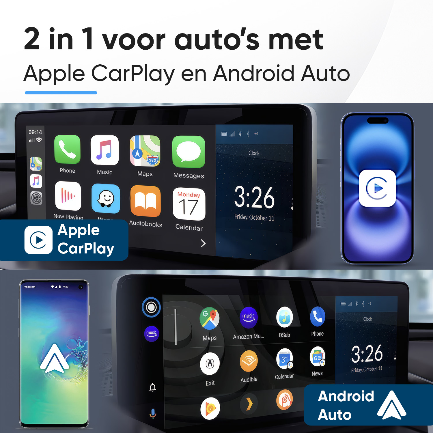 Two systems for cars: Apple CarPlay and Android Auto on displays.