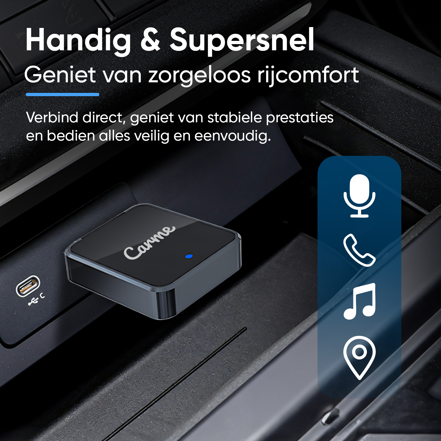 A black Carme device is plugged into a USB-C port. Icons for mic, call, music, and location.