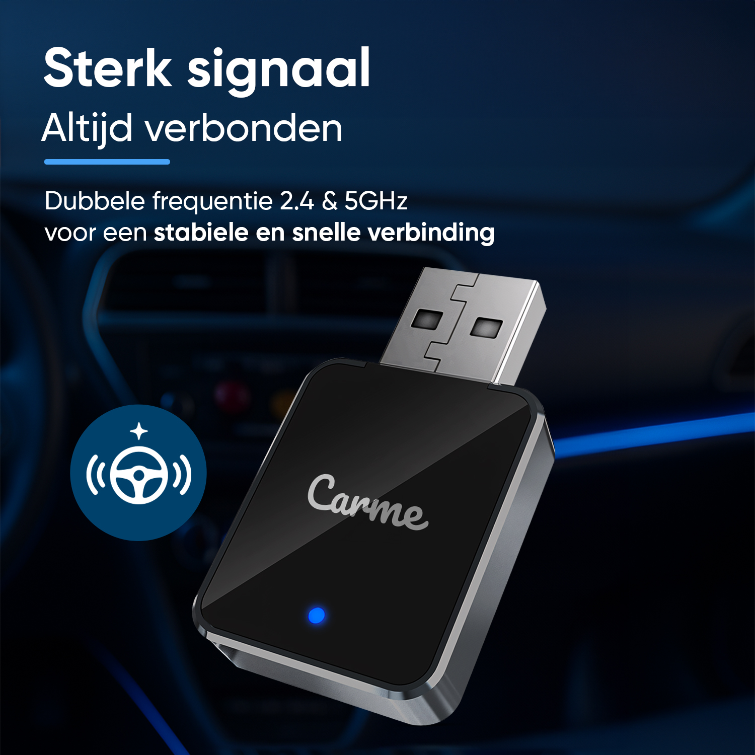 Black USB adapter with Carme logo, 2.4 & 5GHz, for stable connections.