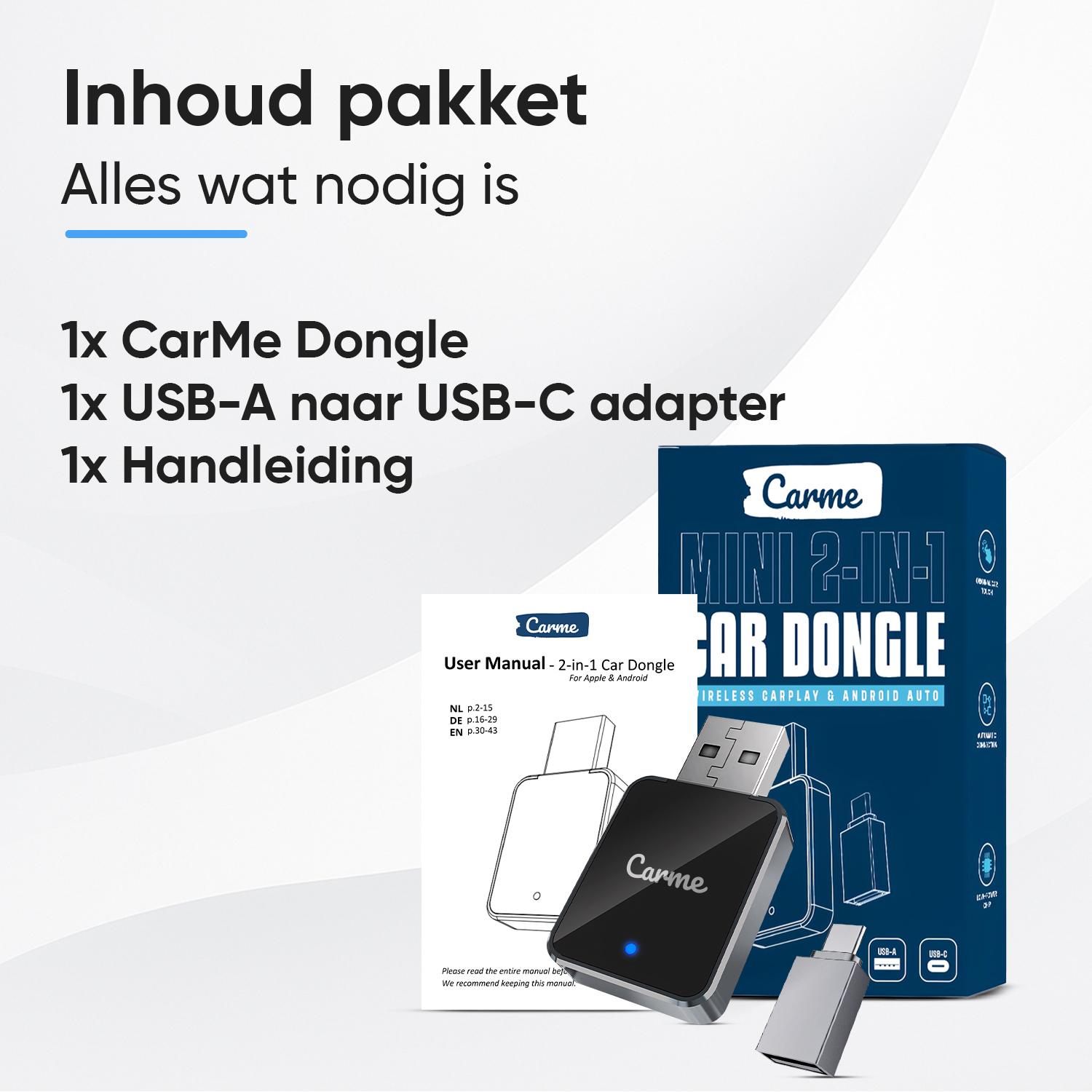 CarMe Dongle, USB-A to USB-C adapter, and manual on a blue background.