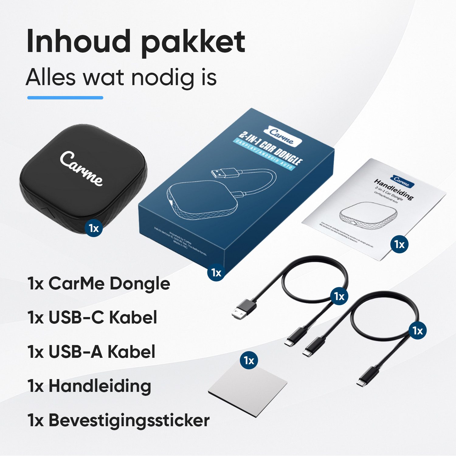 Package contents: CarMe Dongle, USB-C, USB-A cable, manual, sticker.