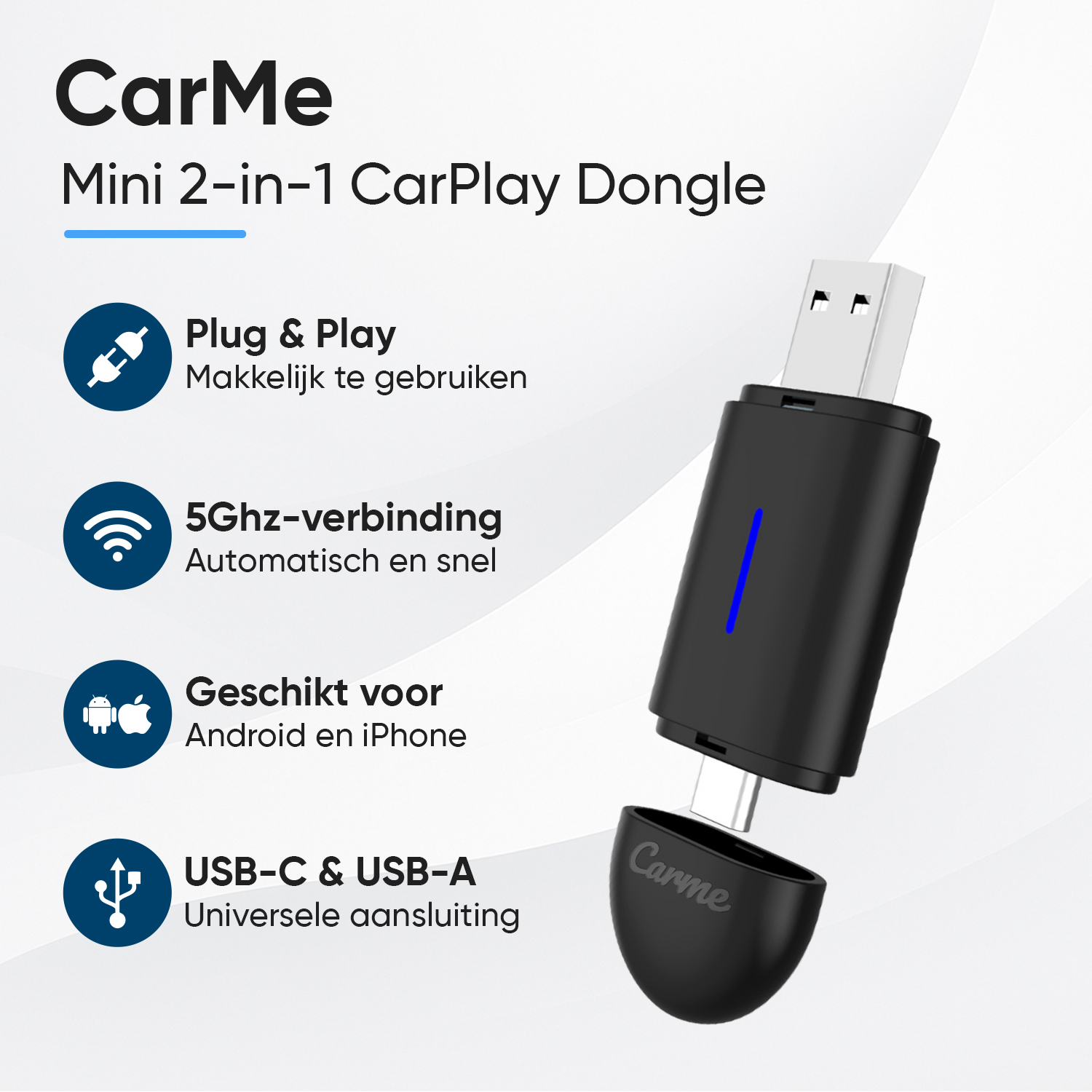 CarMe Mini 2-in-1 CarPlay Dongle with USB-C & USB-A connections.