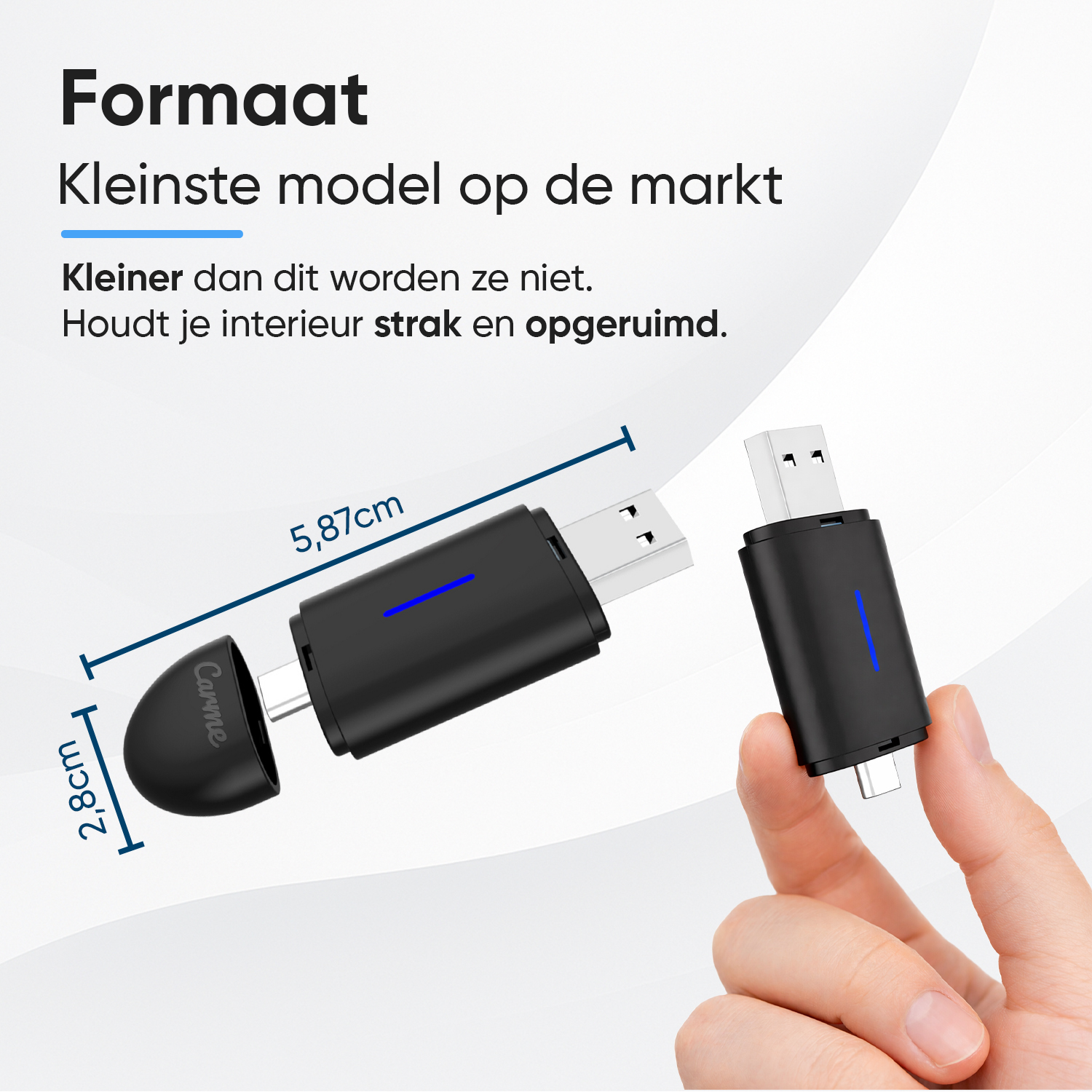 Compact black USB adapter with blue light, 5.87cm long.