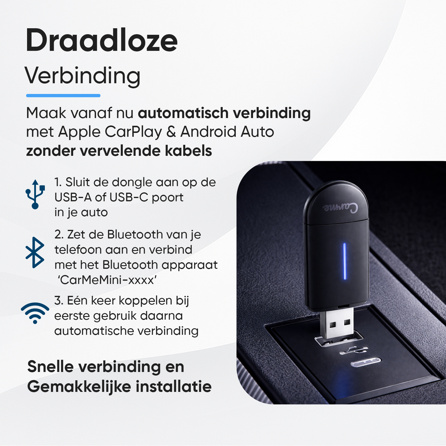 Black dongle with blue light plugged into car USB. Text explains wireless connection.