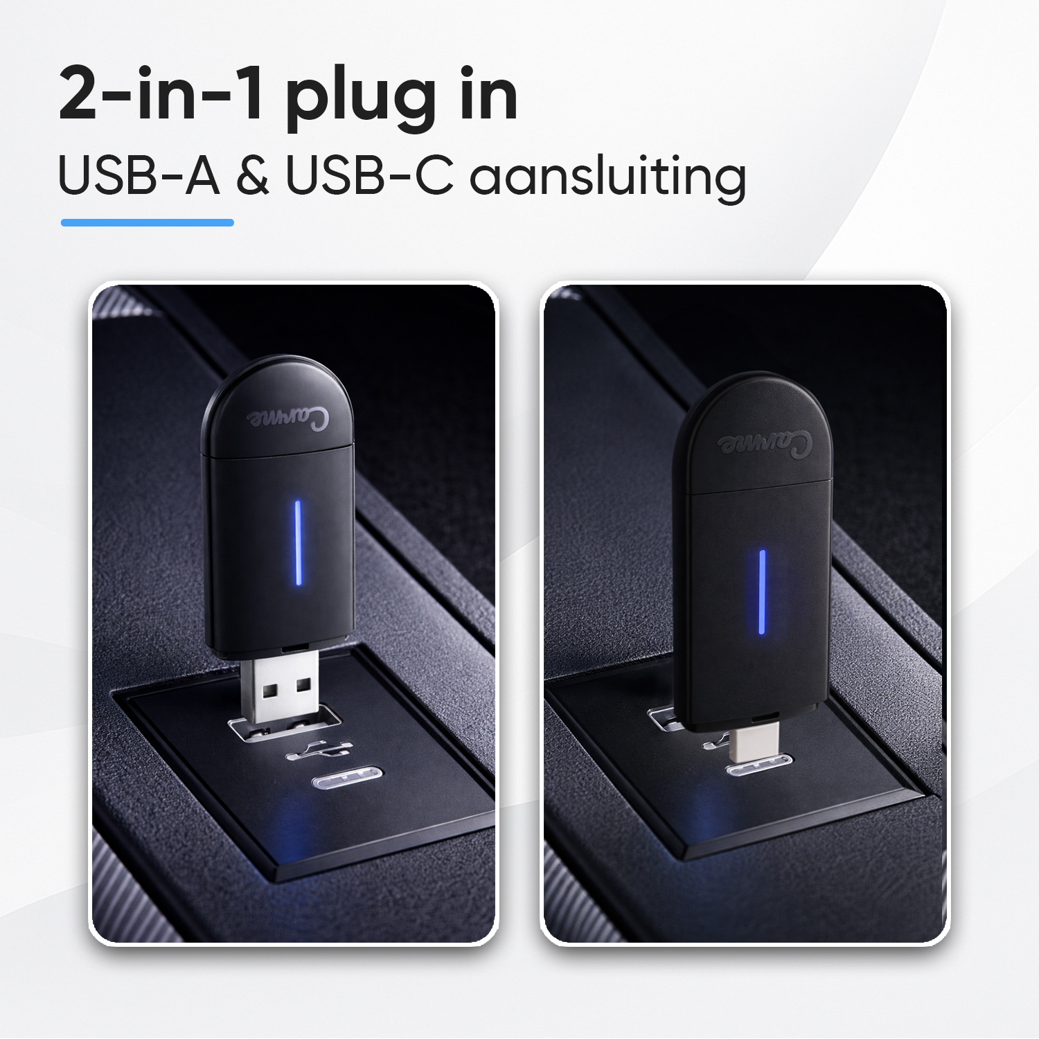 Two black USB adapters, one USB-A, one USB-C, with blue light.