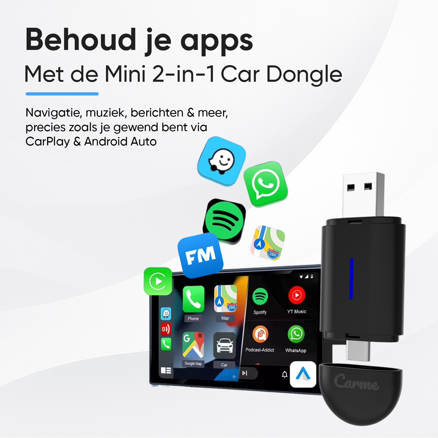 A black 2-in-1 car dongle displaying apps like Spotify, WhatsApp, FM, and Google Maps.