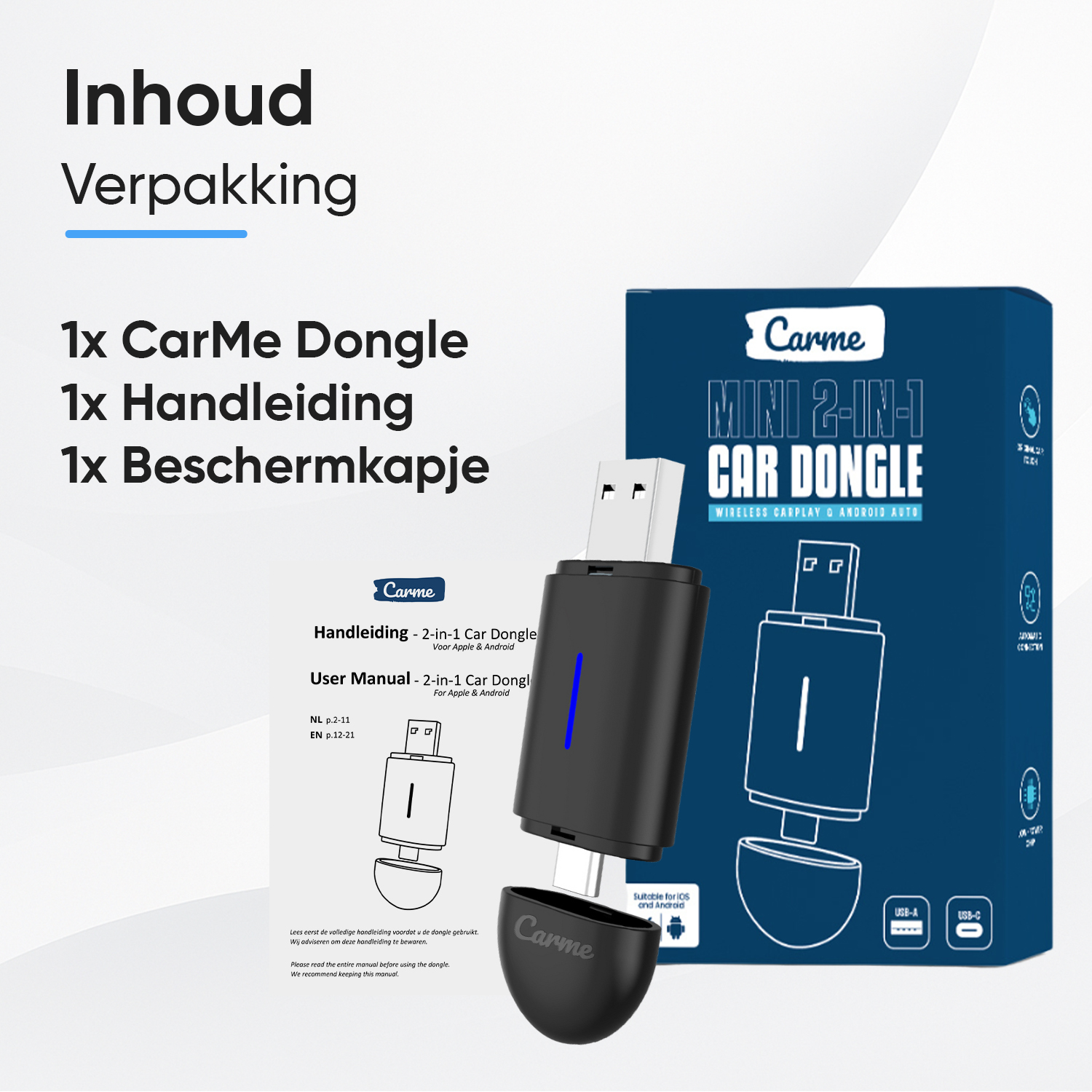Packaging contents: CarMe dongle, manual, protective cap, blue LED.