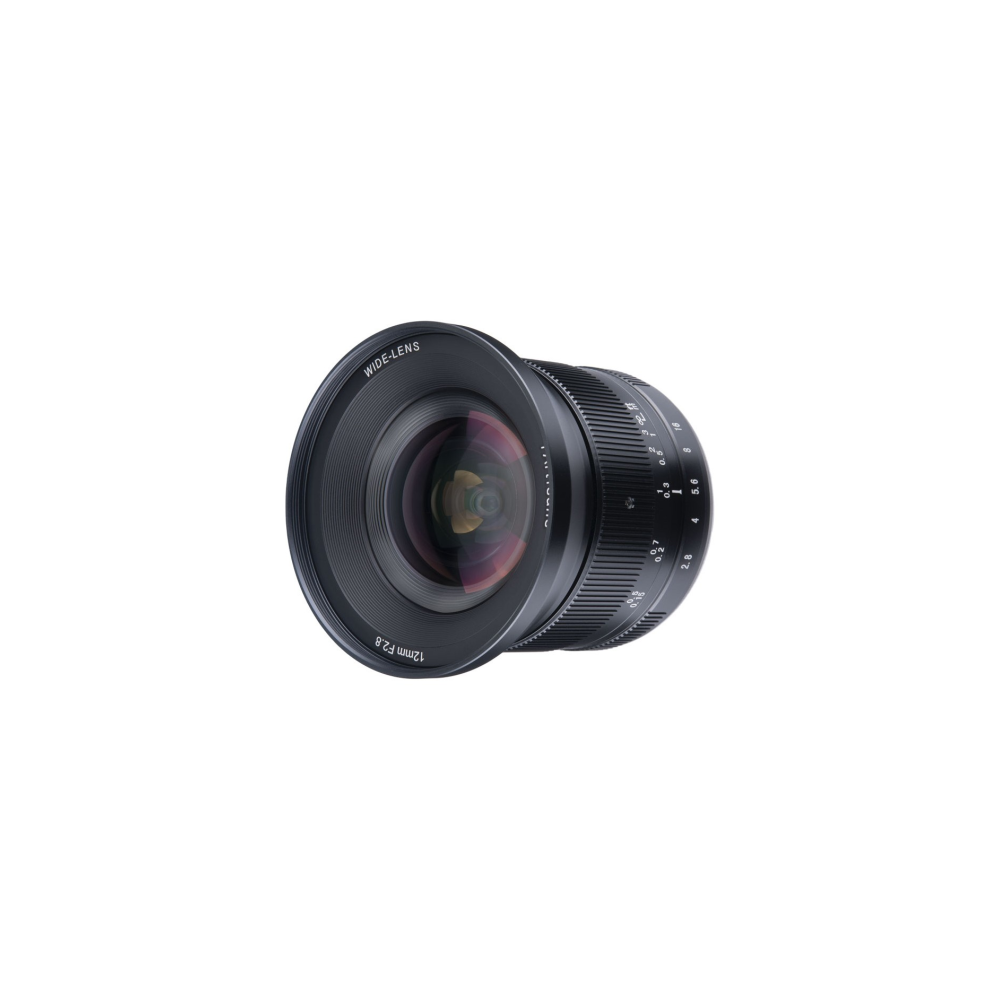 A black wide-angle lens labeled 12mm F2.8.