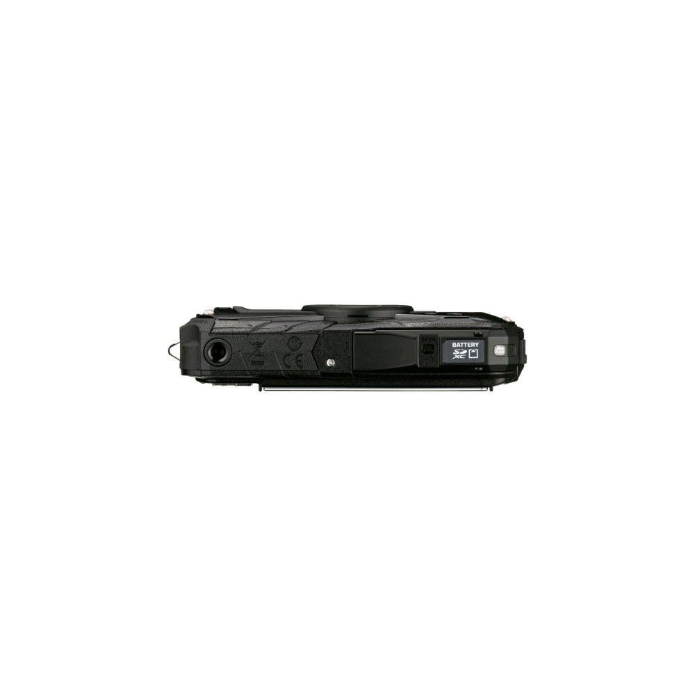 Zwarte camera met labels voor batterij en SD-kaart.