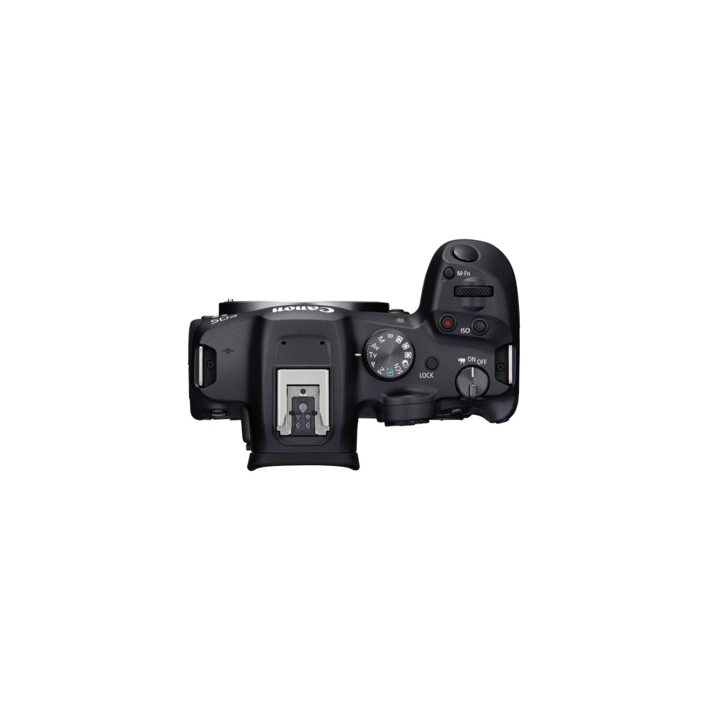 Black Canon EOS R camera from above with hot shoe and control buttons.