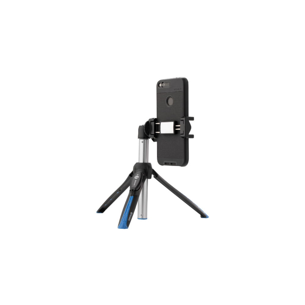 A black smartphone is mounted on a three-legged extendable tripod.