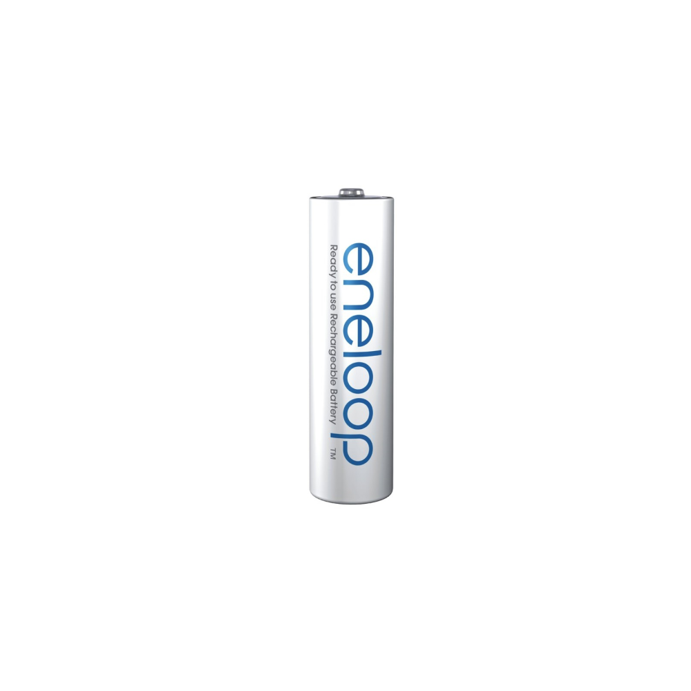 Eine weiße Eneloop-Batterie mit blauer Schrift und weißem Hintergrund.