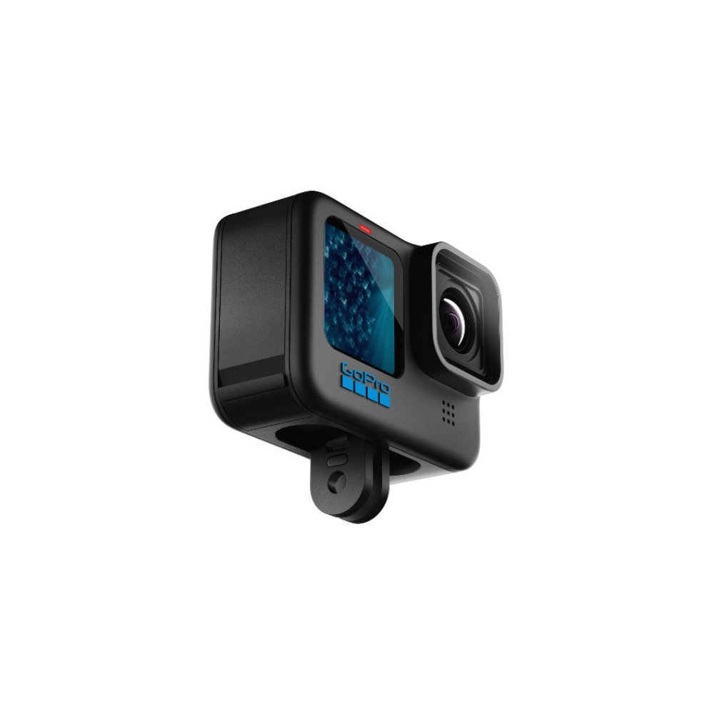 Cámara GoPro negra con logo azul y pantalla.