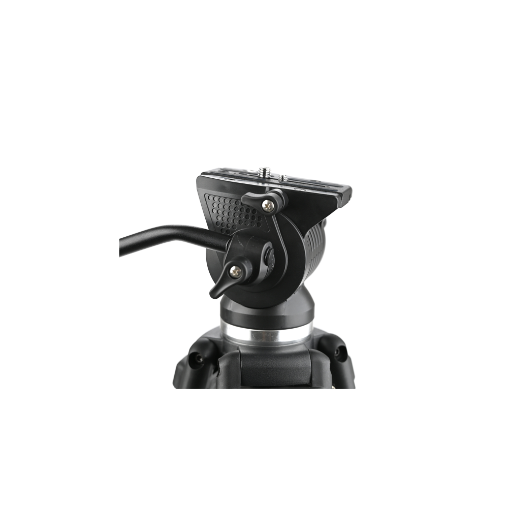 Close-up van een zwarte camera statiefkop met handvat en snelkoppelingsplaat.