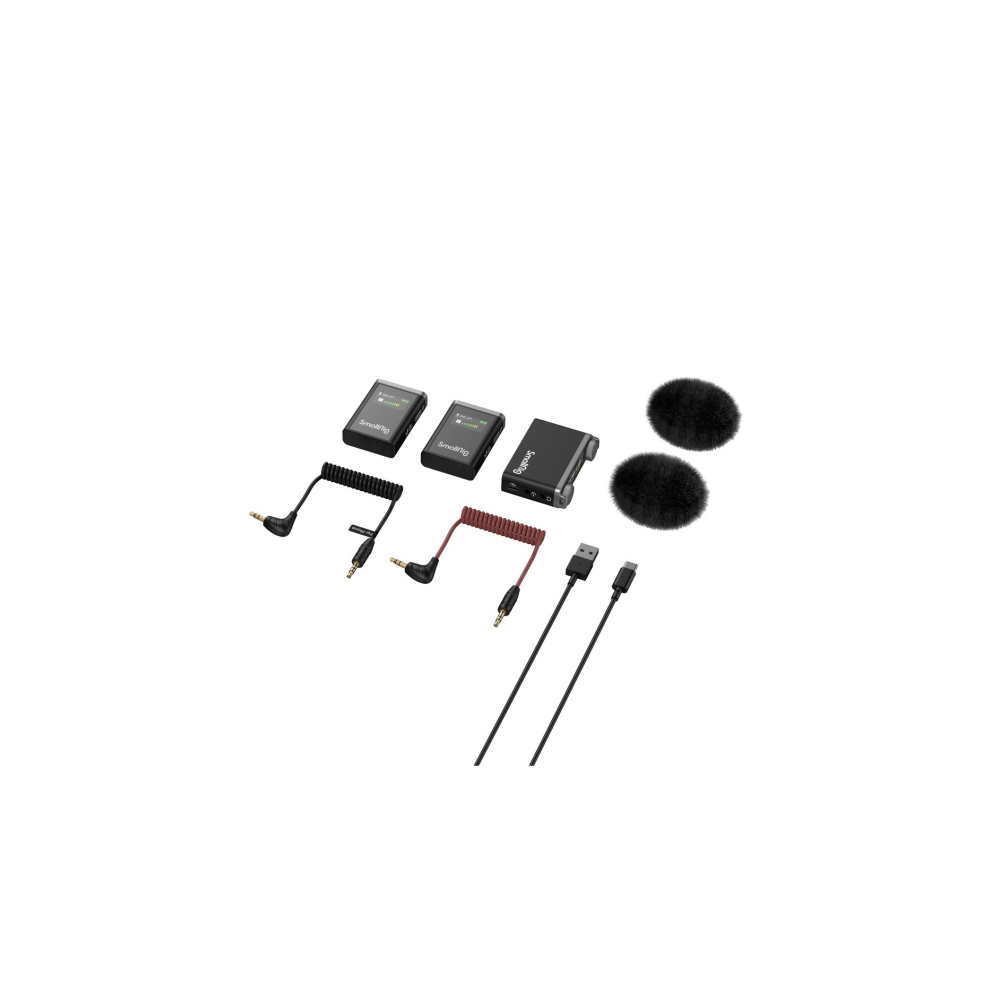 Trois petits récepteurs noirs, deux bonnets coupe-vent, câbles et câble USB-C sur fond blanc.