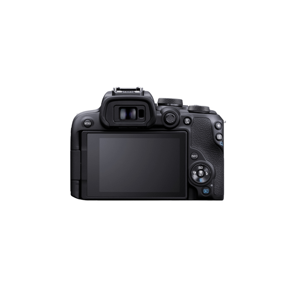 Vista posteriore di una fotocamera digitale nera con schermo LCD e pulsanti.