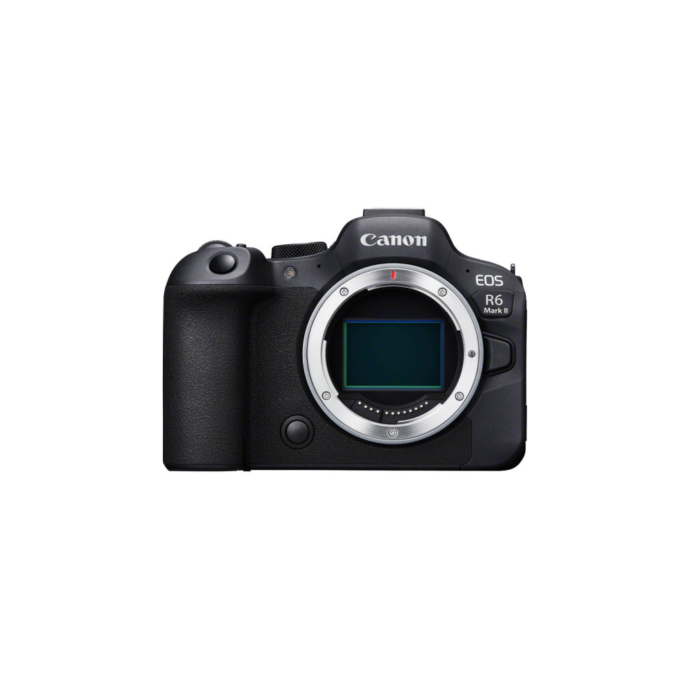 A black Canon EOS R6 Mark II camera with lens mount is shown.