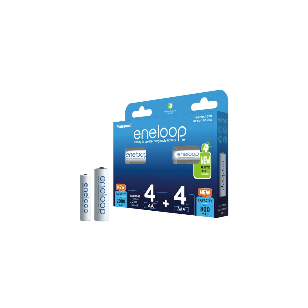 Panasonic eneloop AA und AAA Batterien, wiederaufladbar, im plastikfreien Karton.